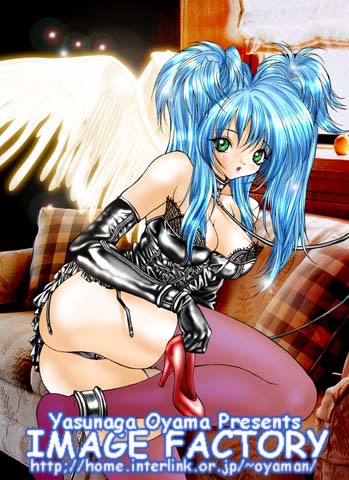 oyaman, original, lowres, 1girl, angel, angel wings, blue hair, breasts, cleavage, female focus, green eyes, large breasts, long hair, panties, solo, thighhighs, twintails, underwear, wings