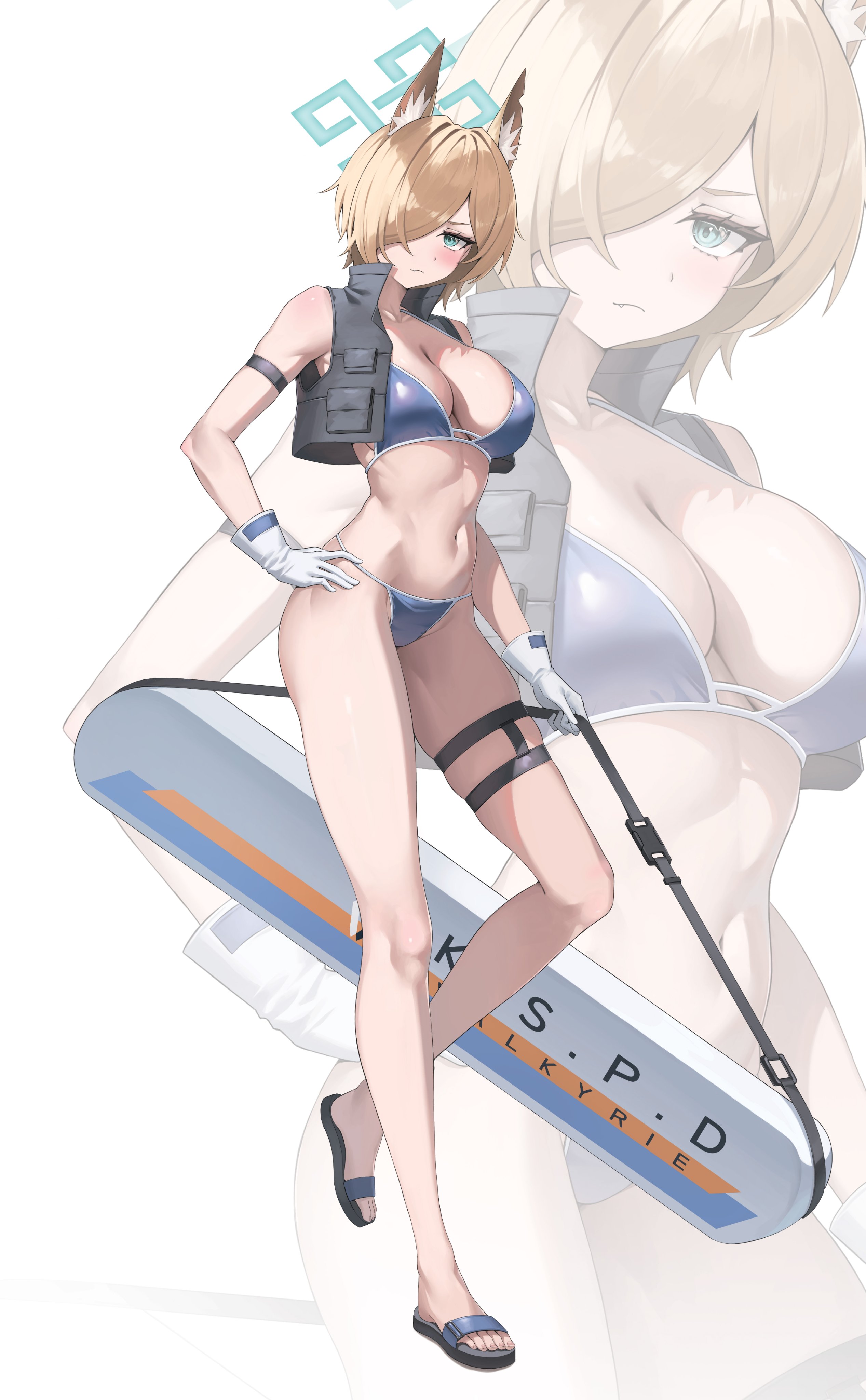 alter (kxk7357), kanna (blue archive), valkyrie police academy student (sg) (blue archive), blue archive, absurdres, commentary request, highres, 1girl, alternate costume, animal ear fluff, animal ears, armband, armpits, bag, bare hips, bare legs, bikini, black armband, black jacket, black sandals, blonde hair, blue bikini, blue eyes, blue halo, blush, breasts, cleavage, closed mouth, cosplay, curvy, dog ears, dog girl, gloves, groin, hair over one eye, halo, holding, holding bag, jacket, large breasts, leg up, long hair, looking at viewer, multicolored bikini, navel, open clothes, sandals, stomach, string bikini, swimsuit, thigh strap, thighs, valkyrie police academy student (sg) (blue archive) (cosplay), white bikini, white gloves