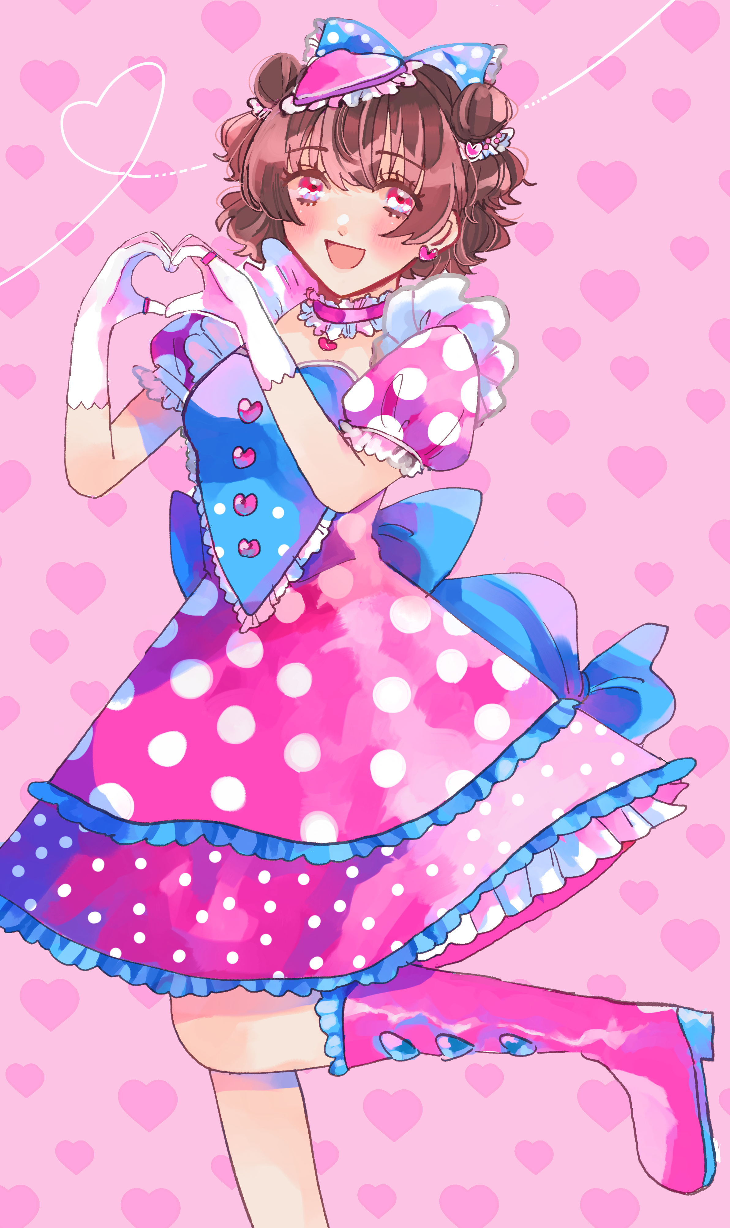 47music2, minnie mouse, mickey mouse & friends, absurdres, highres, 1girl, animification, bow, brown hair, dress, gloves, hair bow, humanization, looking at viewer, open mouth, personification, polka dot, short hair, smile, white gloves
