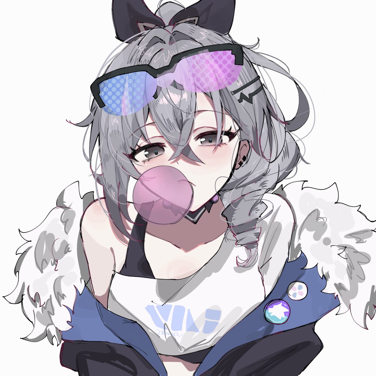 yunoji (onigiri yumi09), silver wolf (honkai: star rail), honkai: star rail, honkai (series), commentary request, highres, 1girl, badge, black-framed eyewear, black sports bra, blowing bubble gum, blue-tinted eyewear, button badge, chewing gum, crop top, crossed bangs, drill hair, fur-trimmed jacket, fur trim, grey eyes, grey hair, hair between eyes, hair intakes, hair ornament, hairclip, jacket, jacket partially removed, looking at viewer, purple-tinted eyewear, semi-rimless eyewear, shirt, side drill, simple background, single sleeve, solo, sports bra, straight-on, sunglasses, tinted eyewear, upper body, white background, white shirt