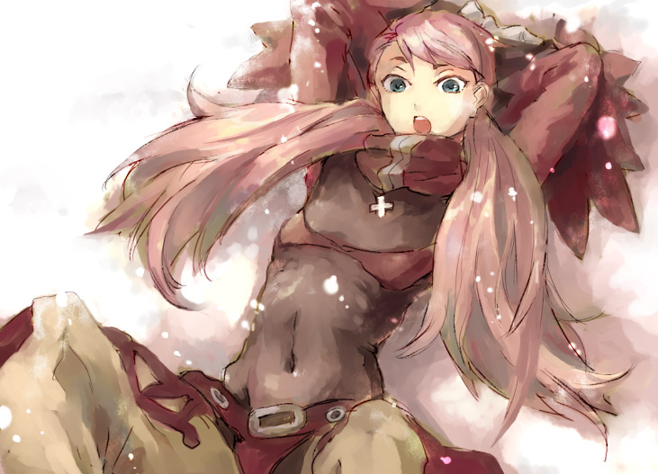 cynthia lane, overman king gainer, pilot suit, 00s, 1girl, aqua eyes, arms behind head, covered navel, female focus, green hair, lying, navel, on back, open mouth, pink hair, skin tight, snow, solo, twintails