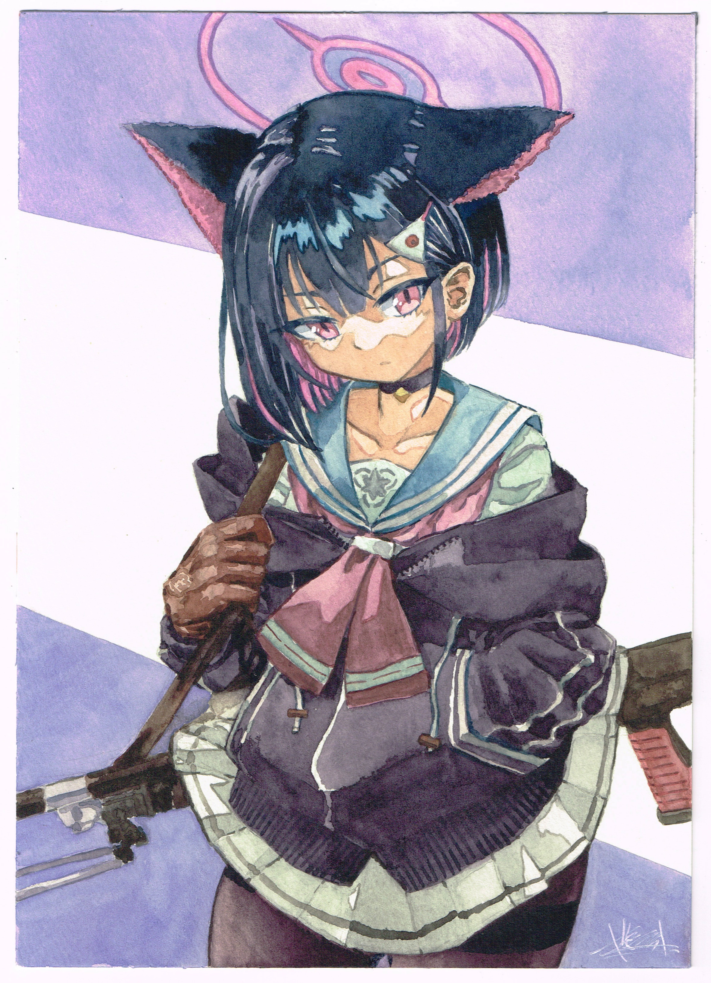 kitatomisha hq, kazusa (blue archive), blue archive, absurdres, commentary request, highres, painting (medium), traditional media, watercolor (medium), 1girl, animal ears, black hair, black jacket, black pantyhose, blue sailor collar, border, cat ears, colored inner hair, cowboy shot, expressionless, gun sling, halo, hand in pocket, jacket, looking at viewer, miniskirt, multicolored hair, neckerchief, pantyhose, parted lips, pink eyes, pink hair, pink halo, red neckerchief, sailor collar, school uniform, short hair, signature, skirt, solo, two-tone hair, white border, white skirt