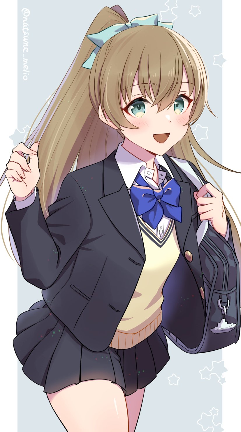natsume (natsume melio), kumano (kancolle), kumano (school girl) (kancolle), kantai collection, highres, bag, black jacket, black skirt, blazer, blue bow, blue bowtie, bow, bowtie, brown hair, cardigan, hair ornament, hairclip, jacket, long hair, looking at viewer, official alternate costume, open mouth, pleated skirt, ponytail, school bag, school uniform, shirt, skirt, sweater vest