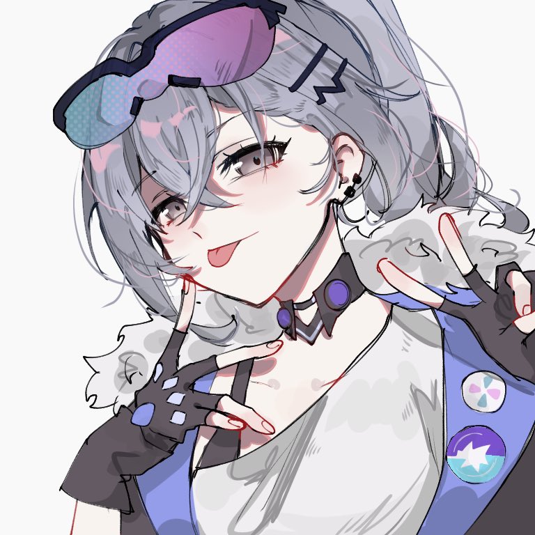 yunoji (onigiri yumi09), silver wolf (honkai: star rail), honkai: star rail, honkai (series), commentary request, 1girl, :p, badge, black collar, black gloves, bra strap, button badge, collar, crossed bangs, detached collar, eyewear on head, finger to cheek, fingerless gloves, fingernails, gloves, grey eyes, grey hair, hair between eyes, hair ornament, hairclip, jacket, looking at viewer, off-shoulder shirt, off shoulder, portrait, shirt, simple background, solo, tongue, tongue out, v, white background, white shirt