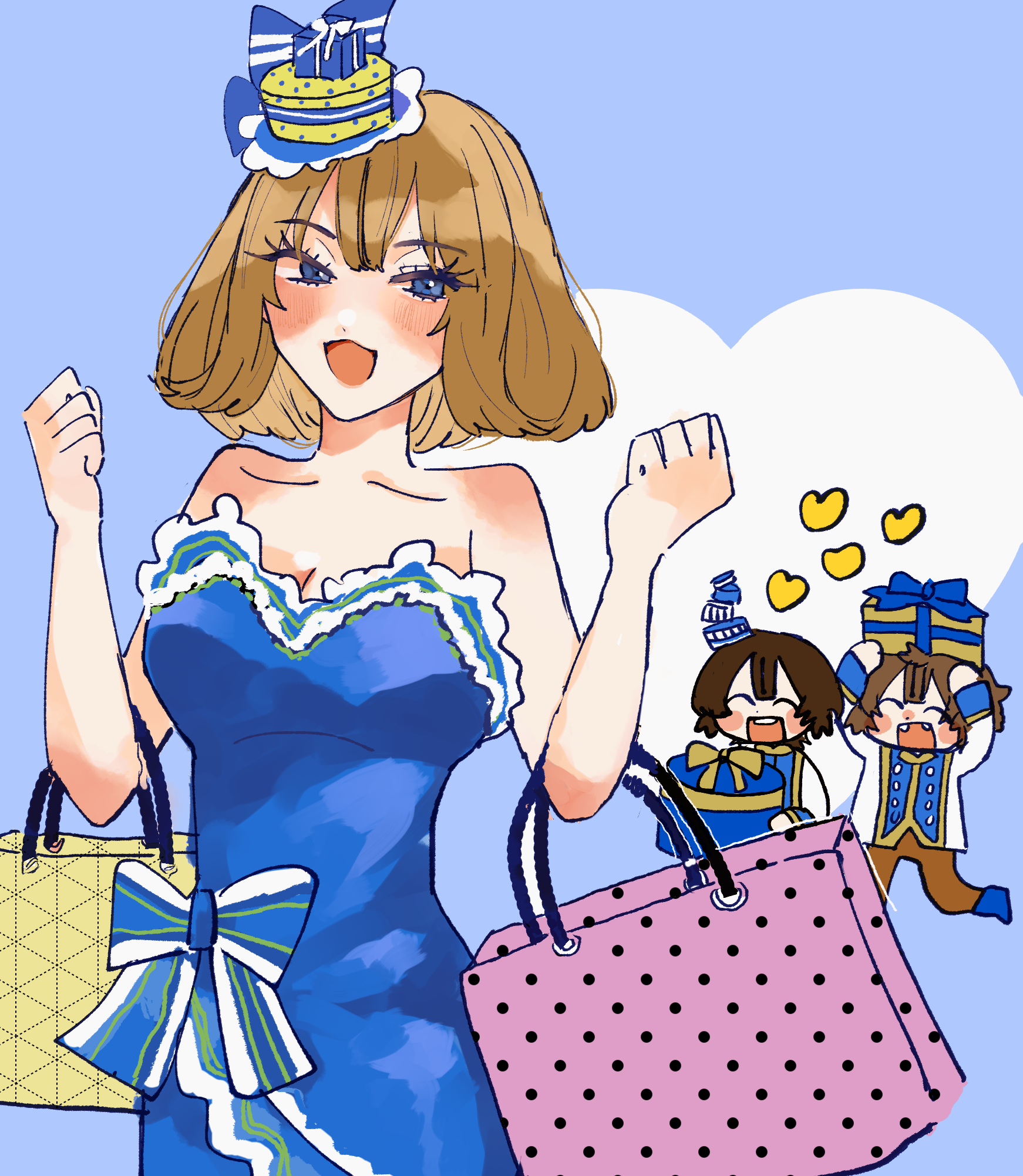 47music2, clarice (disney), goofy, mickey mouse, mickey mouse & friends, highres, 1girl, 2boys, animification, blue eyes, brown hair, dress, eyelashes, flower, hair flower, hair ornament, humanization, looking at viewer, multiple boys, open mouth, personification, short hair, smile