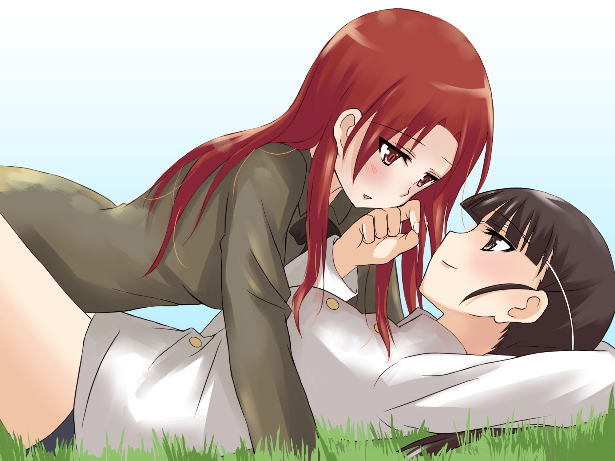 kanata (sentiment), minna-dietlinde wilcke, sakamoto mio, strike witches, world witches series, highres, 00s, 2girls, black eyes, black hair, blush, couple, girl on top, grass, long hair, lying, multiple girls, on back, red eyes, red hair, yuri