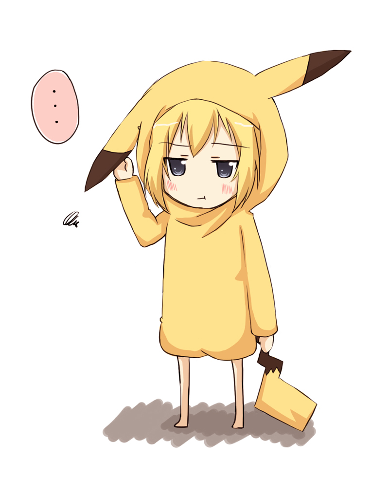 kanata (pixiv), kanata (sentiment), erica hartmann, pikachu, nintendo, pokemon, strike witches, world witches series, …, 1girl, :t, barefoot, blonde hair, blue eyes, chibi, cosplay, costume, female focus, full body, gen 1 pokemon, pikachu (cosplay), pout, short hair, simple background, solo, squiggle, standing, white background
