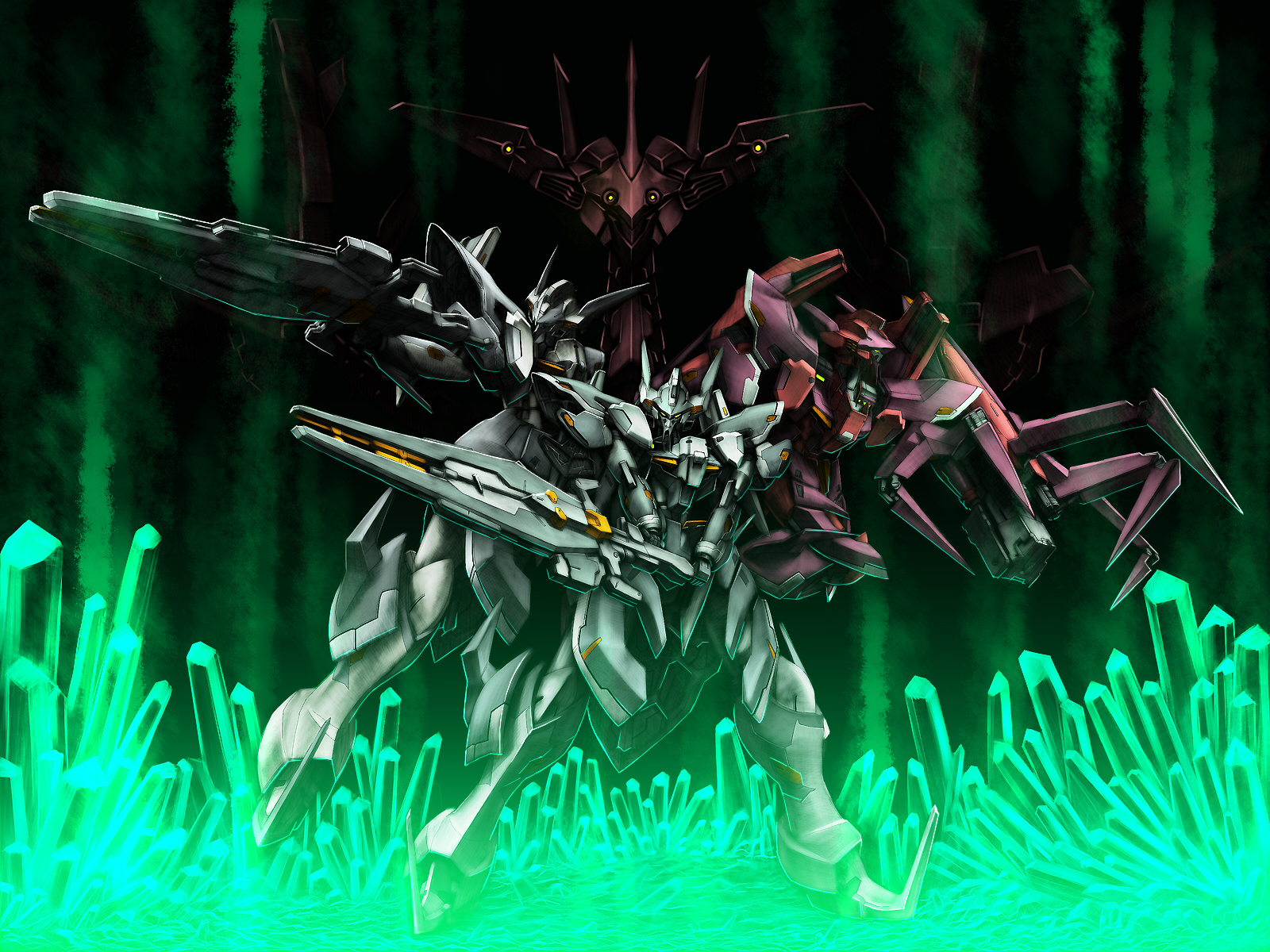 tro (trombe), raftclans, banpresto, super robot wars, super robot wars j, super robot wars judgement, bad id, highres, claws, dark, mecha, no humans, robot, sword, weapon