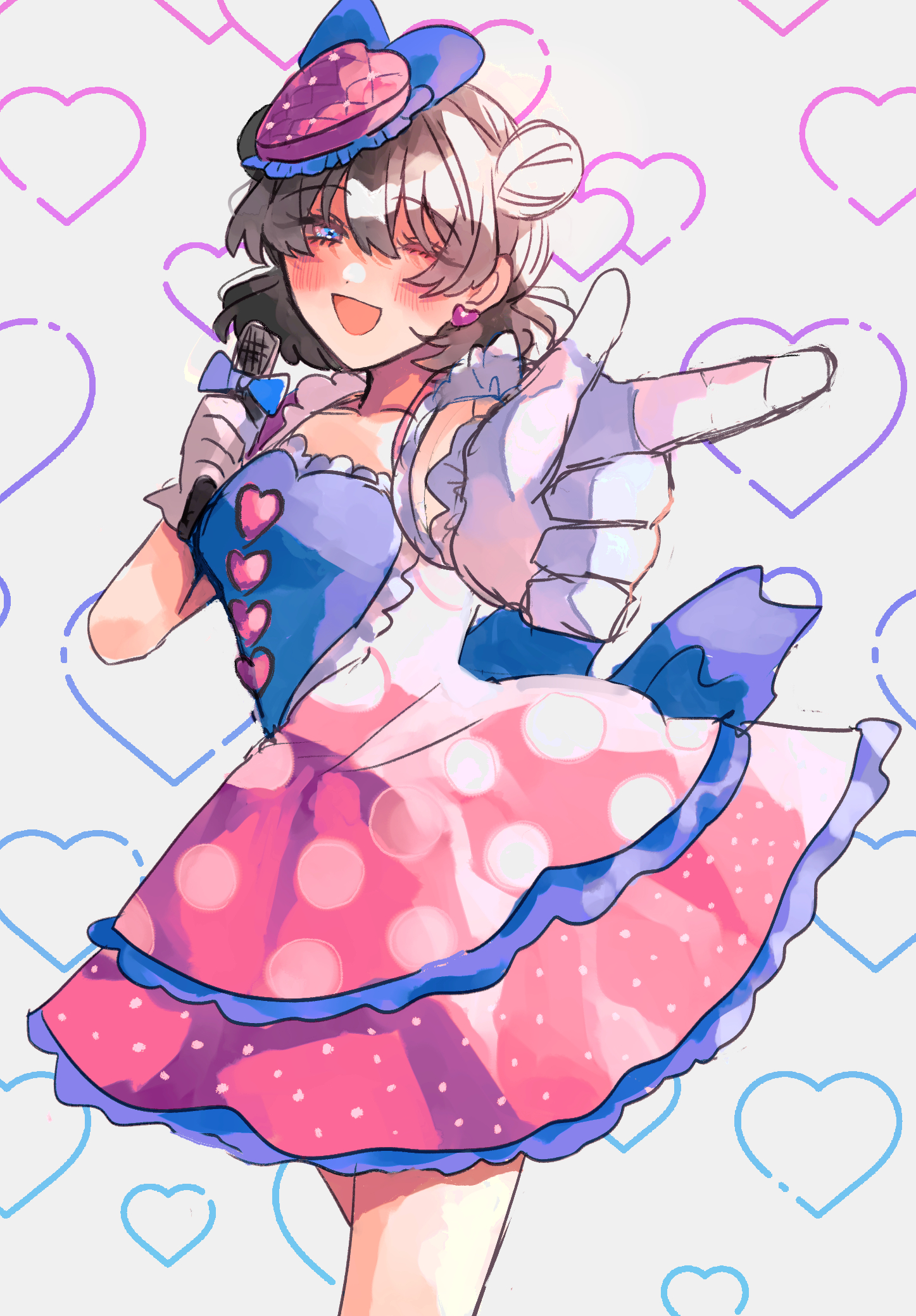 47music2, minnie mouse, mickey mouse & friends, highres, 1girl, animification, black hair, bow, dress, gloves, hair bow, humanization, looking at viewer, microphone, open mouth, personification, polka dot, short hair, smile, solo, white gloves