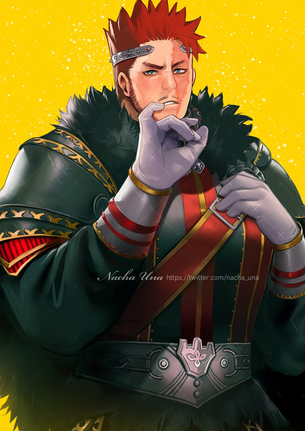 nacha una, endeavor (boku no hero academia), boku no hero academia, commission, highres, 1boy, armor, artist name, beard, blue eyes, circlet, facial hair, fur trim, gloves, grey gloves, long sleeves, looking at viewer, male focus, mature male, metal belt, muscular, muscular male, mustache, official alternate costume, red hair, scar, scar across eye, scar on face, short hair, shoulder armor, shoulder belt, sideburns, silver circlet, simple background, solo, spiked hair, stubble, v-shaped eyebrows, watermark, web address, yellow background