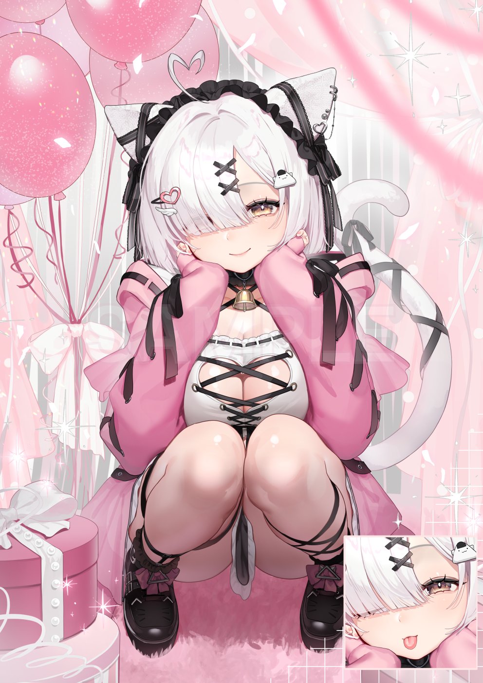 mayuri kaichou, indie virtual youtuber, commentary request, highres, 1girl, ahoge, animal ears, balloon, black ribbon, blush, box, breasts, brown eyes, cat ears, cat tail, cleavage cutout, closed mouth, clothing cutout, full body, gift, gift box, grey hair, hair ornament, hair over one eye, hair ribbon, hands up, heart, heart ahoge, heart cutout, large breasts, long hair, looking at viewer, multiple expressions, ribbon, shiraberu peace, solo, squatting, tail, tongue, tongue out, virtual youtuber, x hair ornament