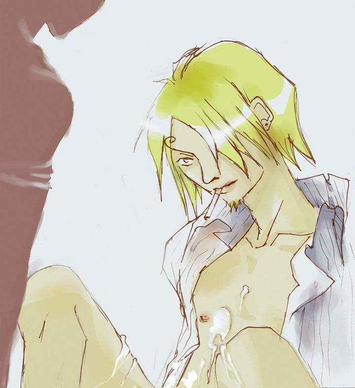 roronoa zoro, sanji (one piece), one piece, 2boys, blonde hair, cigarette, cum, male focus, multiple boys, nipples, nude, open clothes, open shirt, shirt, yaoi