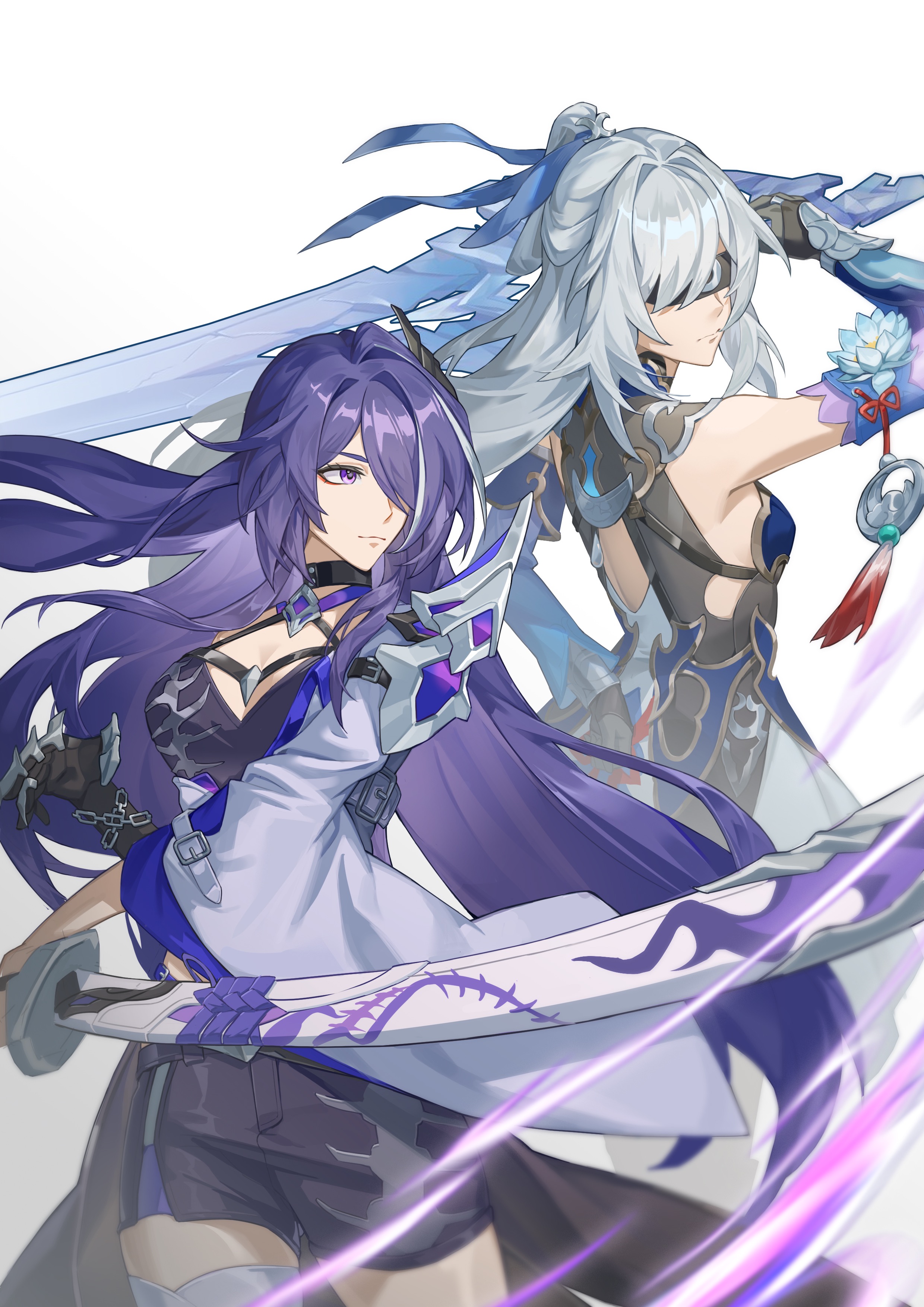 yangchiyuaichirou, acheron (honkai: star rail), jingliu (honkai: star rail), honkai: star rail, honkai (series), yu-gi-oh!, absurdres, chinese commentary, highres, 2girls, armor, bandaged leg, bandages, bare shoulders, black shorts, blindfold, blue hair, breasts, chinese clothes, cleavage, closed mouth, couple, crop top, detached collar, detached sleeves, dress, electricity, expressionless, eyeliner, fake claws, friends, glowing, grey background, hair between eyes, hair flowing over, hair intakes, hair ornament, hair over one eye, holding, holding sword, holding weapon, japanese clothes, katana, large breasts, long hair, long sleeves, makeup, medium breasts, multicolored eyes, multicolored hair, multiple girls, powering up, purple eyes, purple hair, red eyeliner, shade, shorts, shoulder armor, slashing, standing, streaked hair, sword, thighs, upper body, weapon, wide sleeves