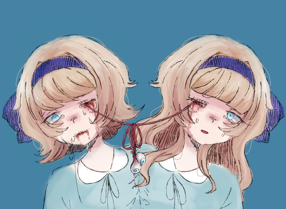 original, 2girls, blonde hair, blood, conjoined, multiple girls, multiple heads, sad, siblings, twins, yami ruri
