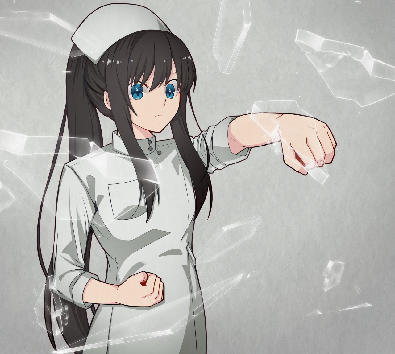 hirakawa, shiina ringo, tohno akiha, tsukihime, 1girl, black hair, blue eyes, breast pocket, broken glass, clenched hands, closed mouth, cosplay, dress, glass, grey background, hair between eyes, hat, long hair, long sleeves, nurse, nurse cap, pocket, ponytail, punching, simple background, sleeves rolled up, solo, white dress, white hat