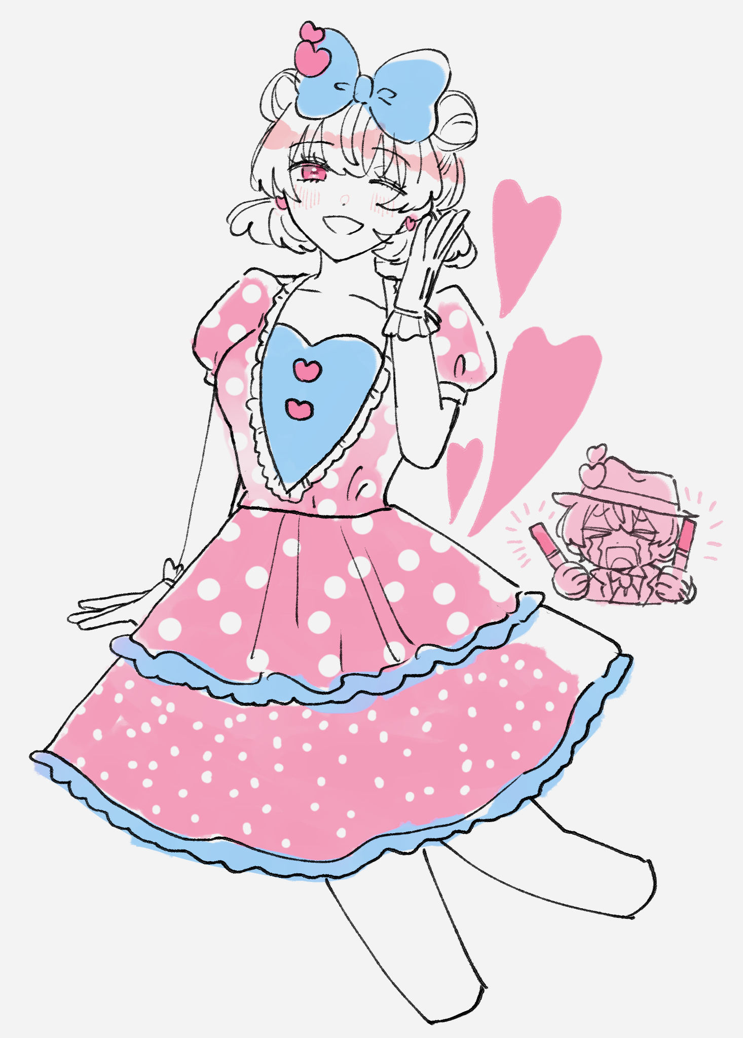 47music2, mickey mouse, minnie mouse, mickey mouse & friends, highres, 1boy, 1girl, animification, bow, dress, gloves, hair bow, humanization, looking at viewer, open mouth, personification, polka dot, short hair, smile, white gloves