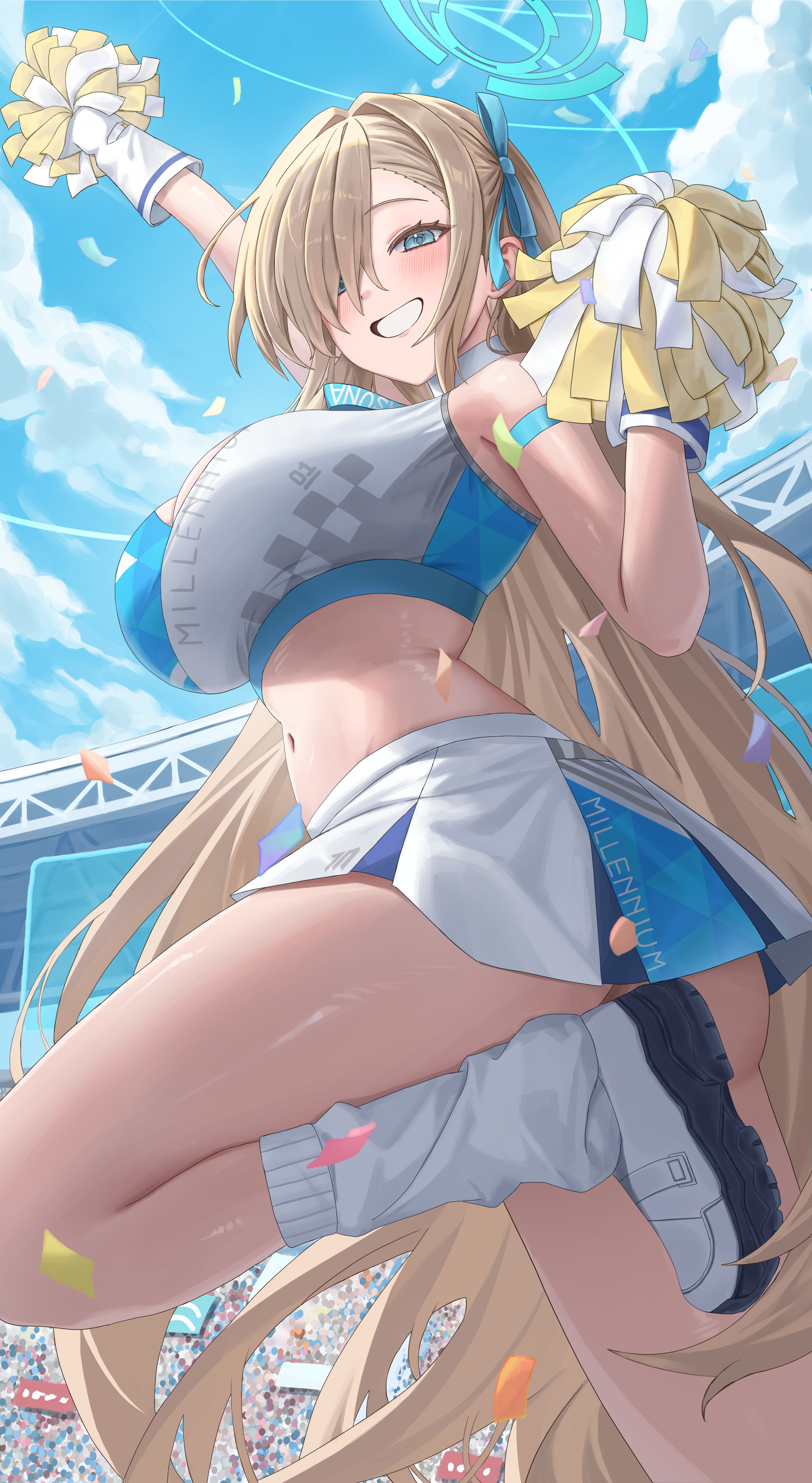 m0 0m c, asuna (blue archive), blue archive, absurdres, commentary request, highres, 1girl, blonde hair, blue eyes, blue halo, blue sky, breasts, cheerleader, crowd, halo, holding, holding pom poms, large breasts, leg warmers, long hair, millennium cheerleader outfit (blue archive), navel, pom pom (cheerleading), pom poms, shoes, sky, smile, solo, solo focus, stadium, stomach, thighs, very long hair, white leg warmers, white shoes