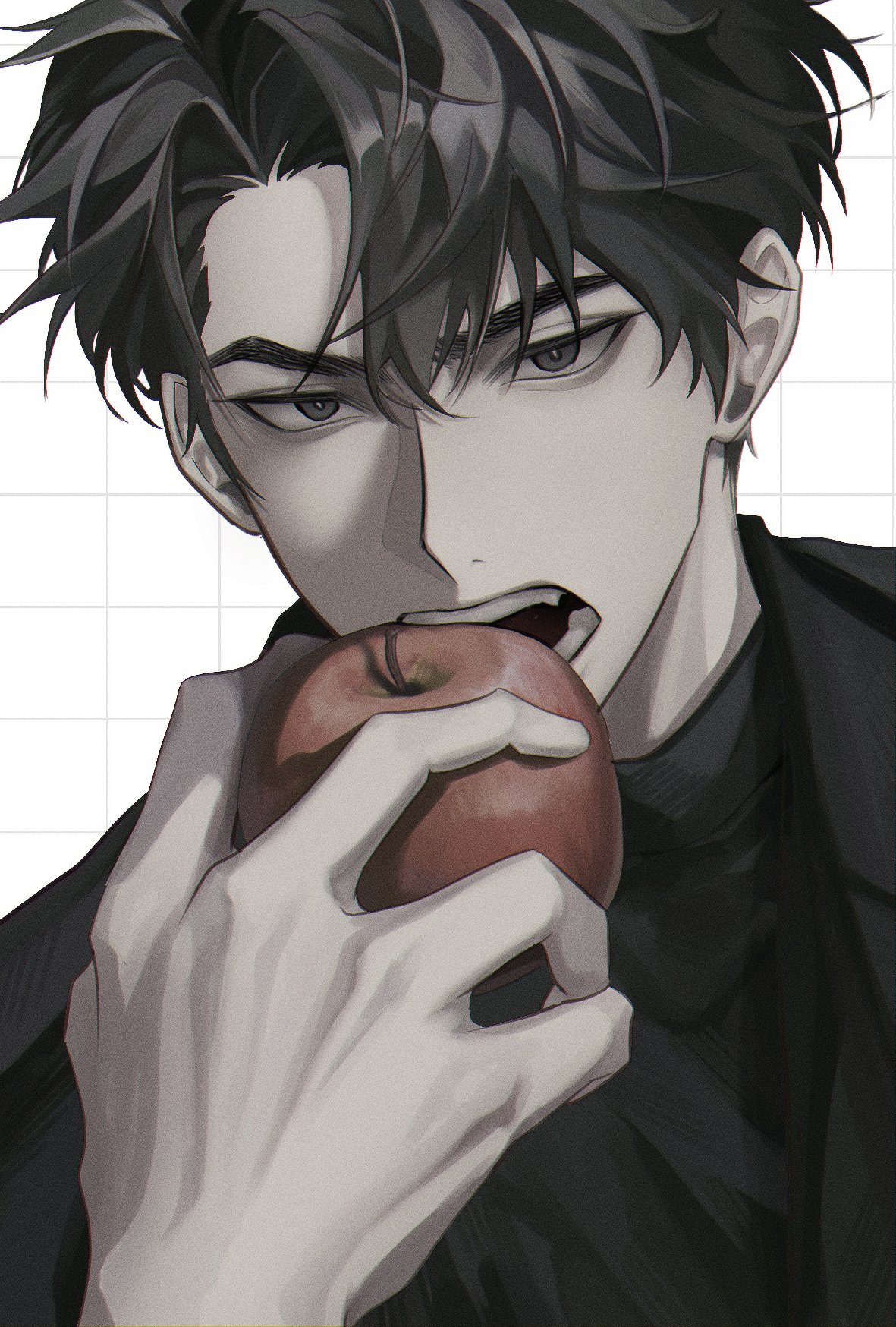 narak, yoo joonghyuk, omniscient reader's viewpoint, highres, 1boy, aegyo sal, apple, black coat, black eyes, black hair, black shirt, close-up, coat, curtained hair, food, fruit, grid background, hand up, holding, holding food, holding fruit, imminent bite, looking at viewer, male focus, open clothes, open coat, shirt, short hair, solo, upper body