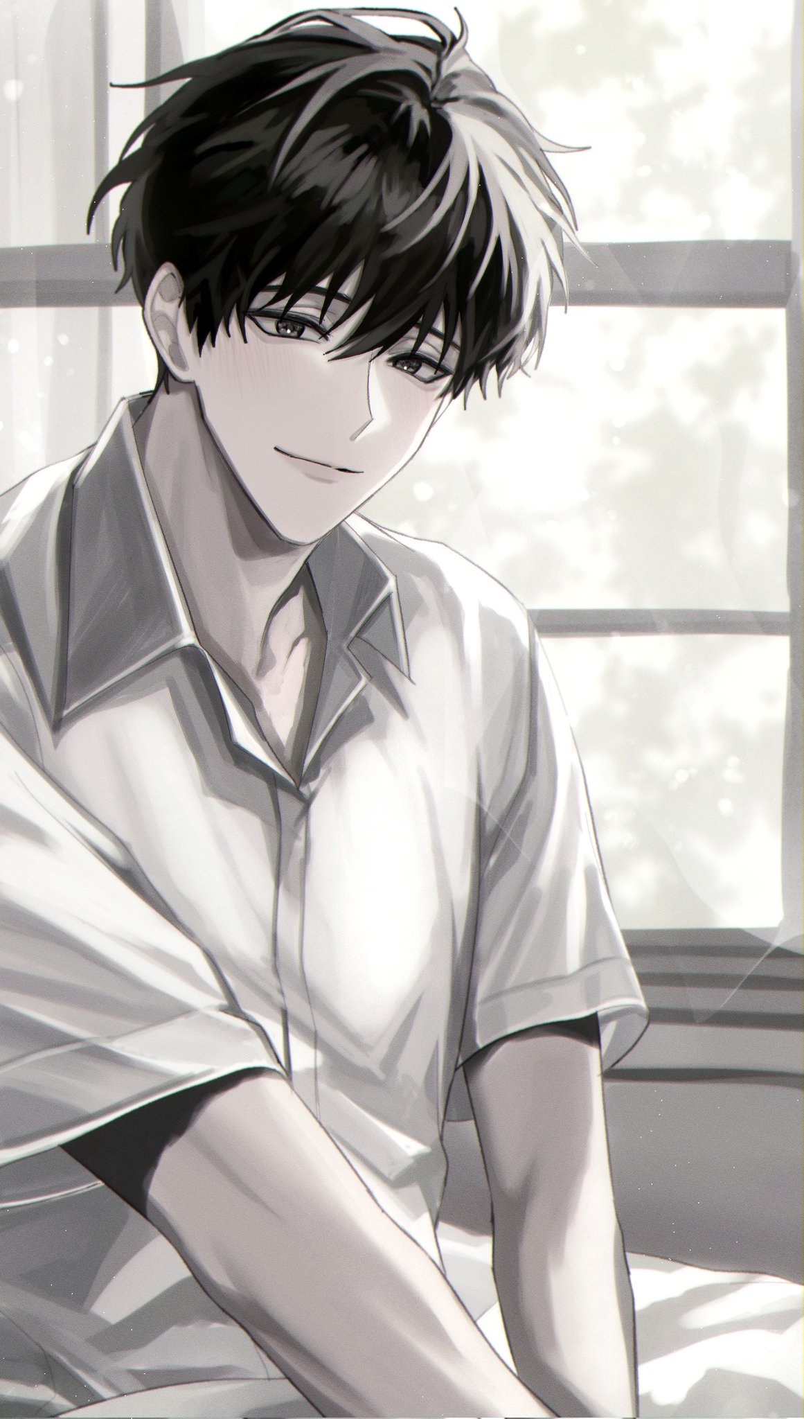 narak, kim dokja, omniscient reader's viewpoint, highres, 1boy, black eyes, black hair, collared shirt, cowboy shot, looking at viewer, male focus, shirt, short hair, smile, solo, white shirt, window, window light