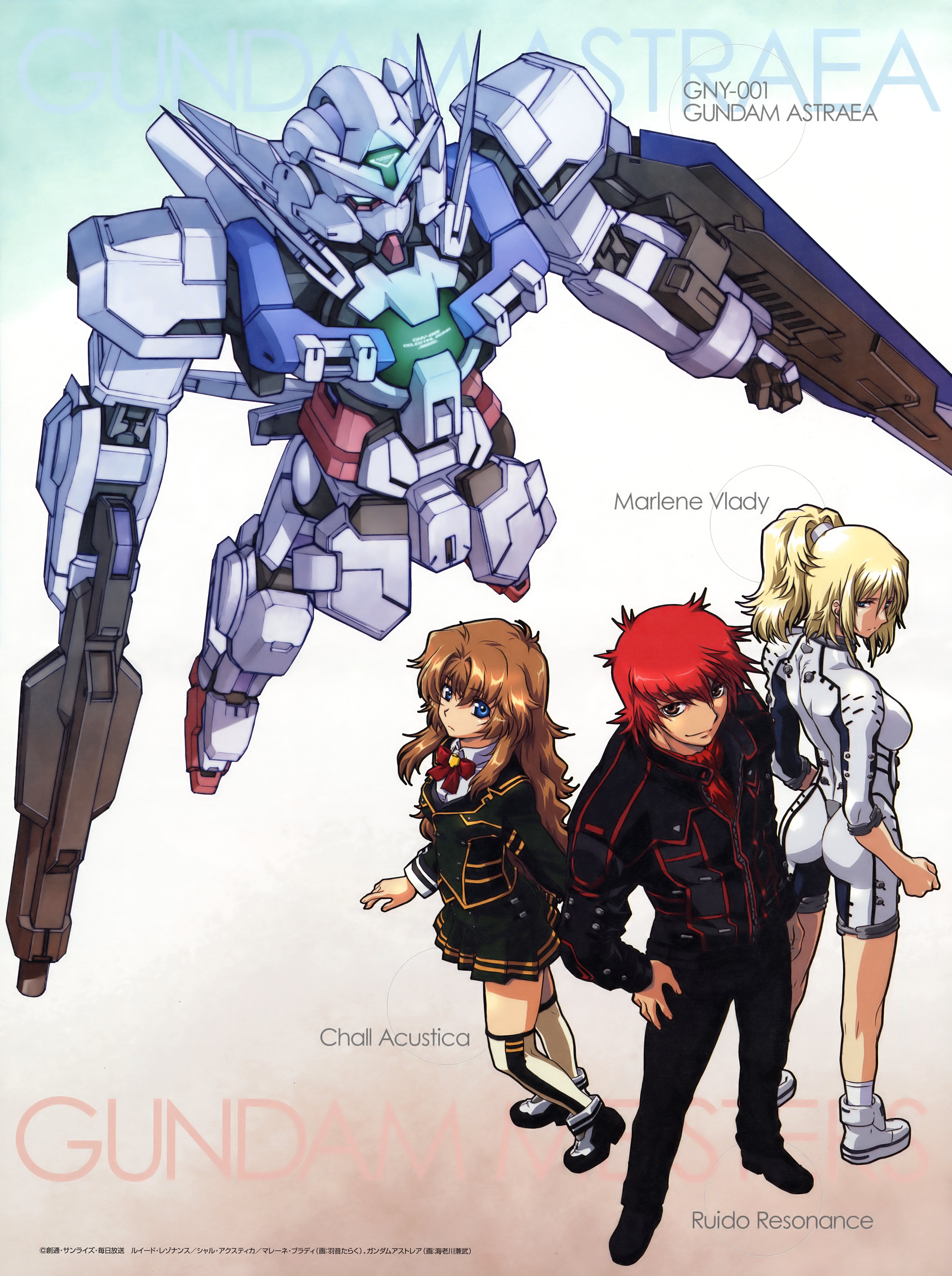 ebikawa kanetake, uon taraku, astraea gundam, chall acustica, marlene vlady, ruido resonance, gundam, gundam 00, gundam 00p, absurdres, highres, 00s, aqua eyes, blonde hair, blue eyes, brown eyes, brown hair, kneehighs, mecha, red hair, robot, skirt, socks