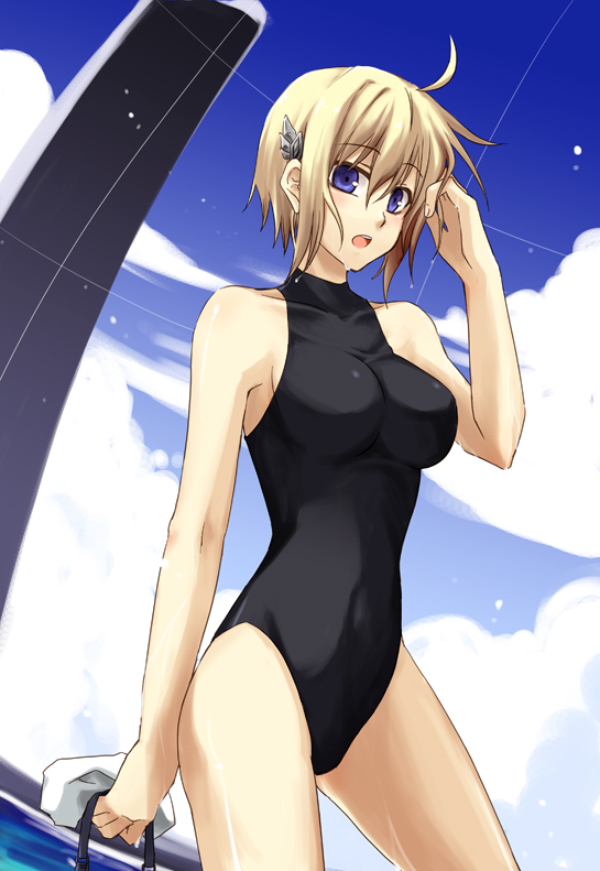 kuruma (rk), nina antalk, koukaku no regios, bad id, bad pixiv id, 1girl, adjusting hair, ahoge, blonde hair, blue eyes, blush, breasts, cloud, collarbone, competition swimsuit, day, female focus, hair ornament, large breasts, one-piece swimsuit, open mouth, short hair, sky, solo, standing, swimsuit, wet
