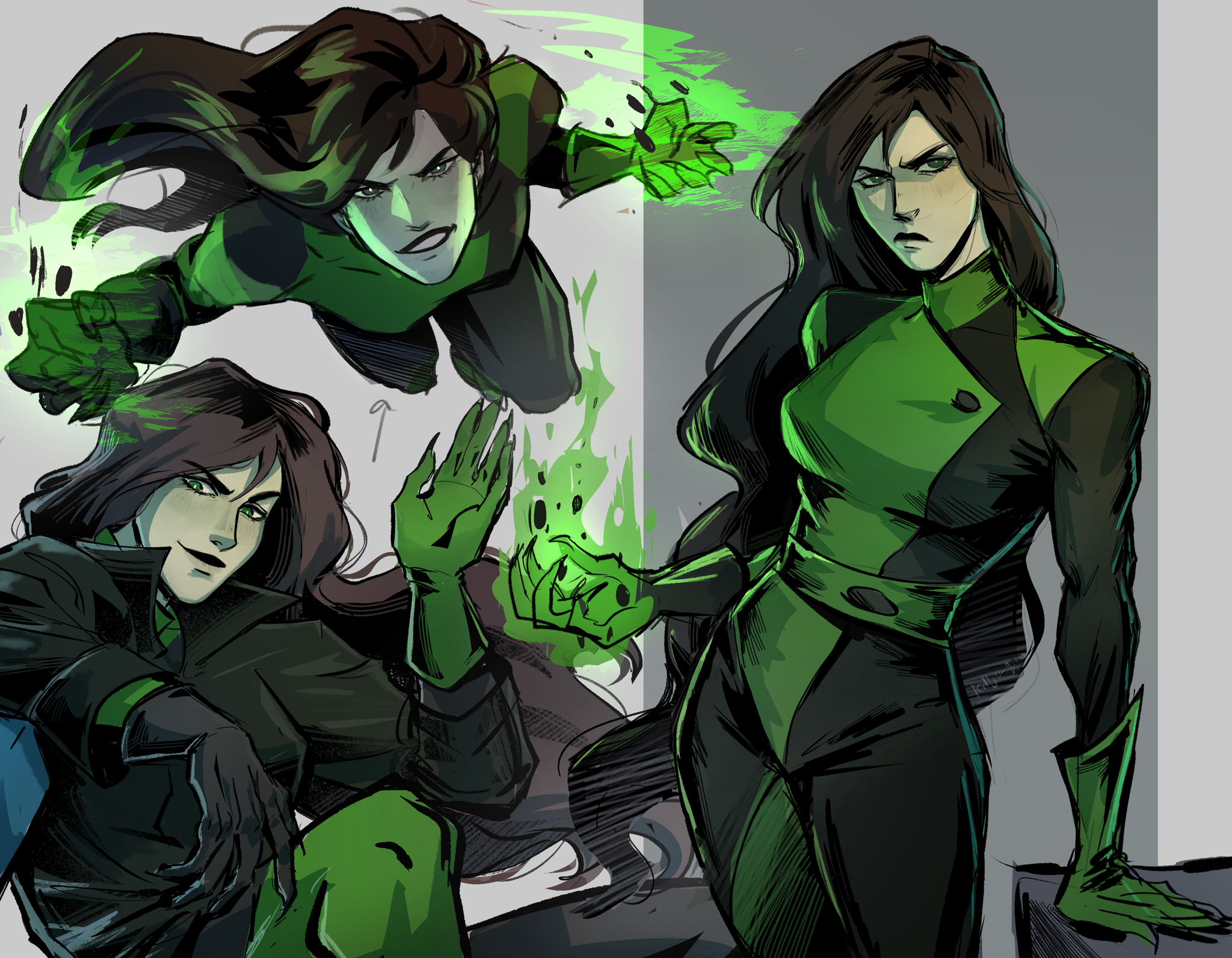 killjo-q, shego, kim possible (series), commentary, english commentary, highres, 1girl, asymmetrical gloves, black bodysuit, black hair, black lips, bodysuit, breasts, closed mouth, fire, gloves, green bodysuit, green eyes, green fire, grey background, jacket, leather, leather jacket, long hair, medium breasts, mismatched gloves, multicolored bodysuit, multiple views, simple background, sitting, skin tight, smile, smirk, two-tone bodysuit, very long hair, waving