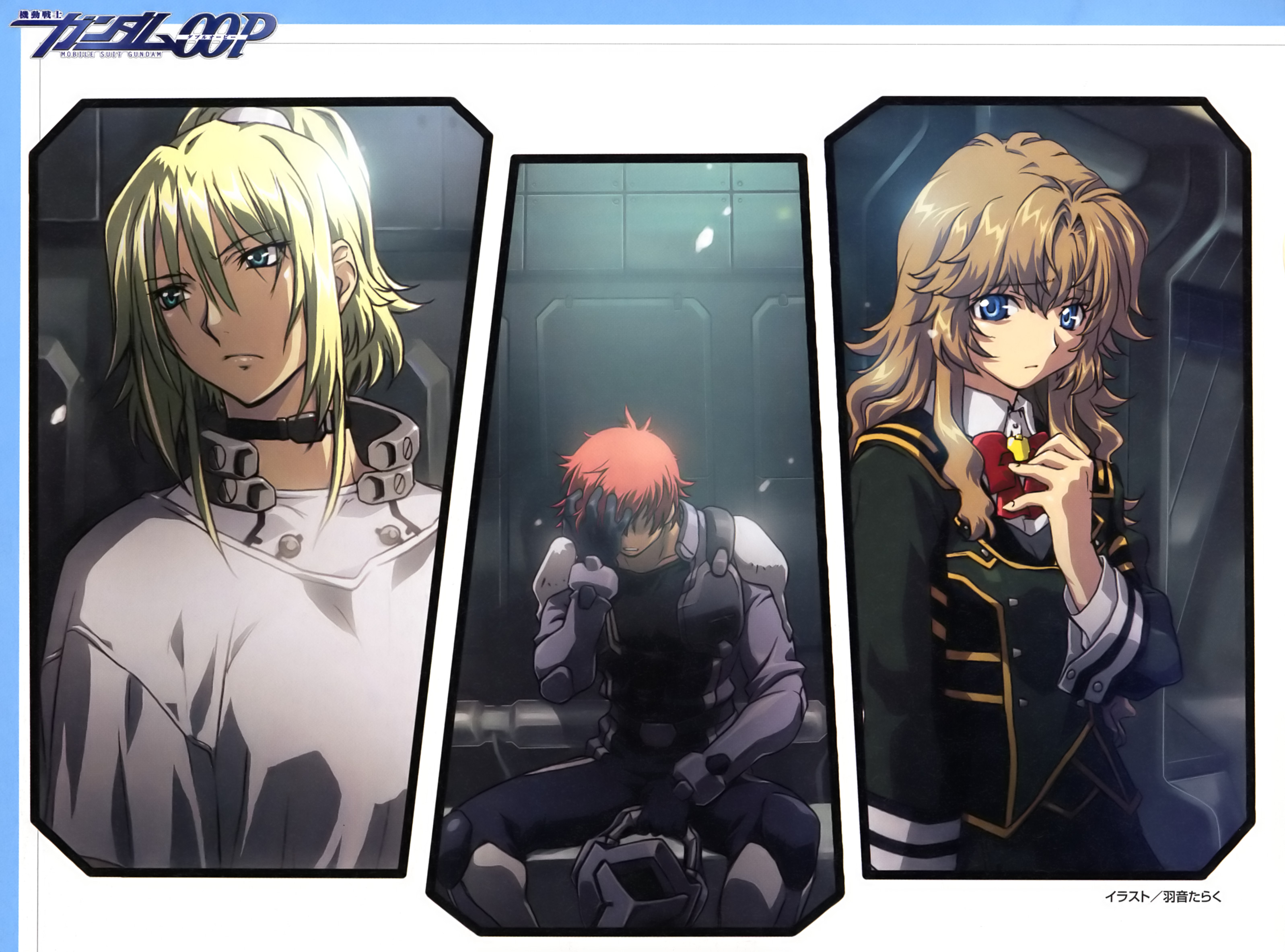 uon taraku, chall acustica, marlene vlady, ruido resonance, gundam, gundam 00, gundam 00p, highres, 00s, aqua eyes, blonde hair, blue eyes, brown hair, red hair