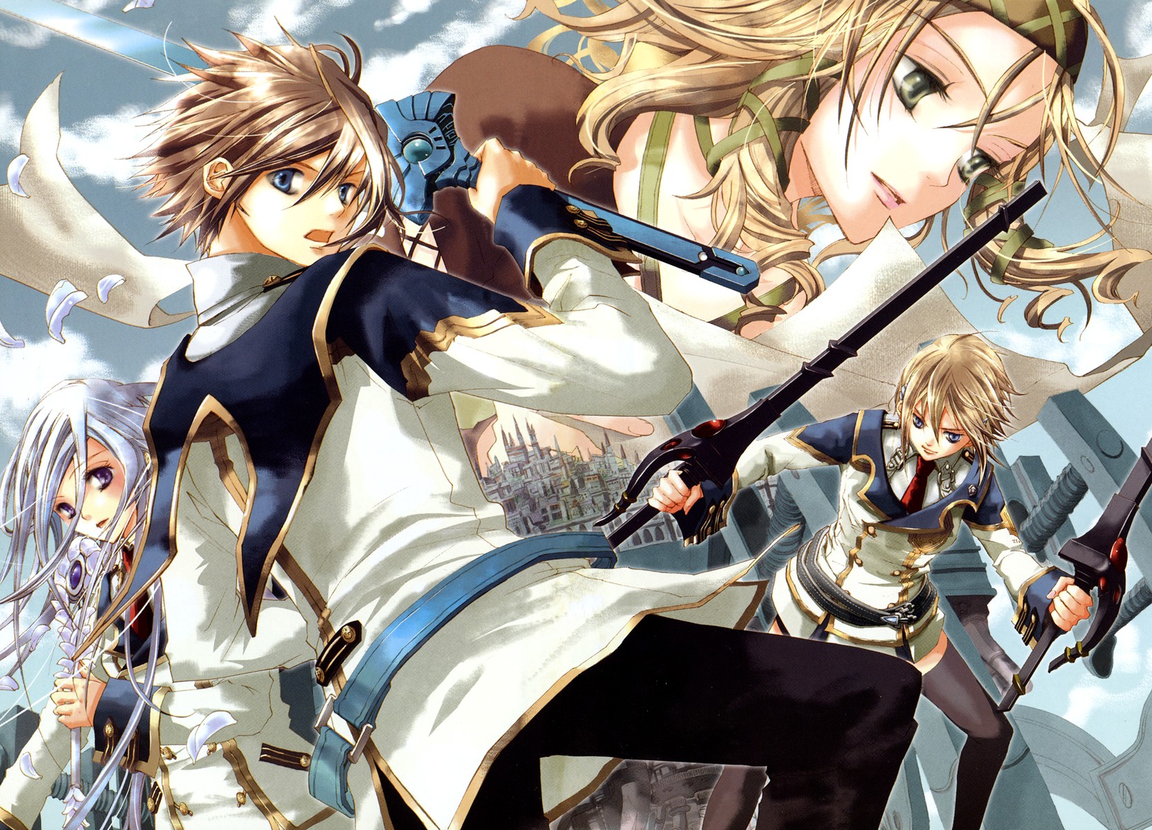 felli loss, layfon alseif, leerin marfes, nina antalk, koukaku no regios, uniform, highres, 1boy, 3girls, blonde hair, blue eyes, brown hair, dual wielding, flying paper, green eyes, hair ribbon, hairband, holding, long hair, looking back, multiple girls, necktie, open mouth, paper, purple eyes, ribbon, short hair, singlestick, skirt, sword, thighhighs, weapon, white hair, zettai ryouiki