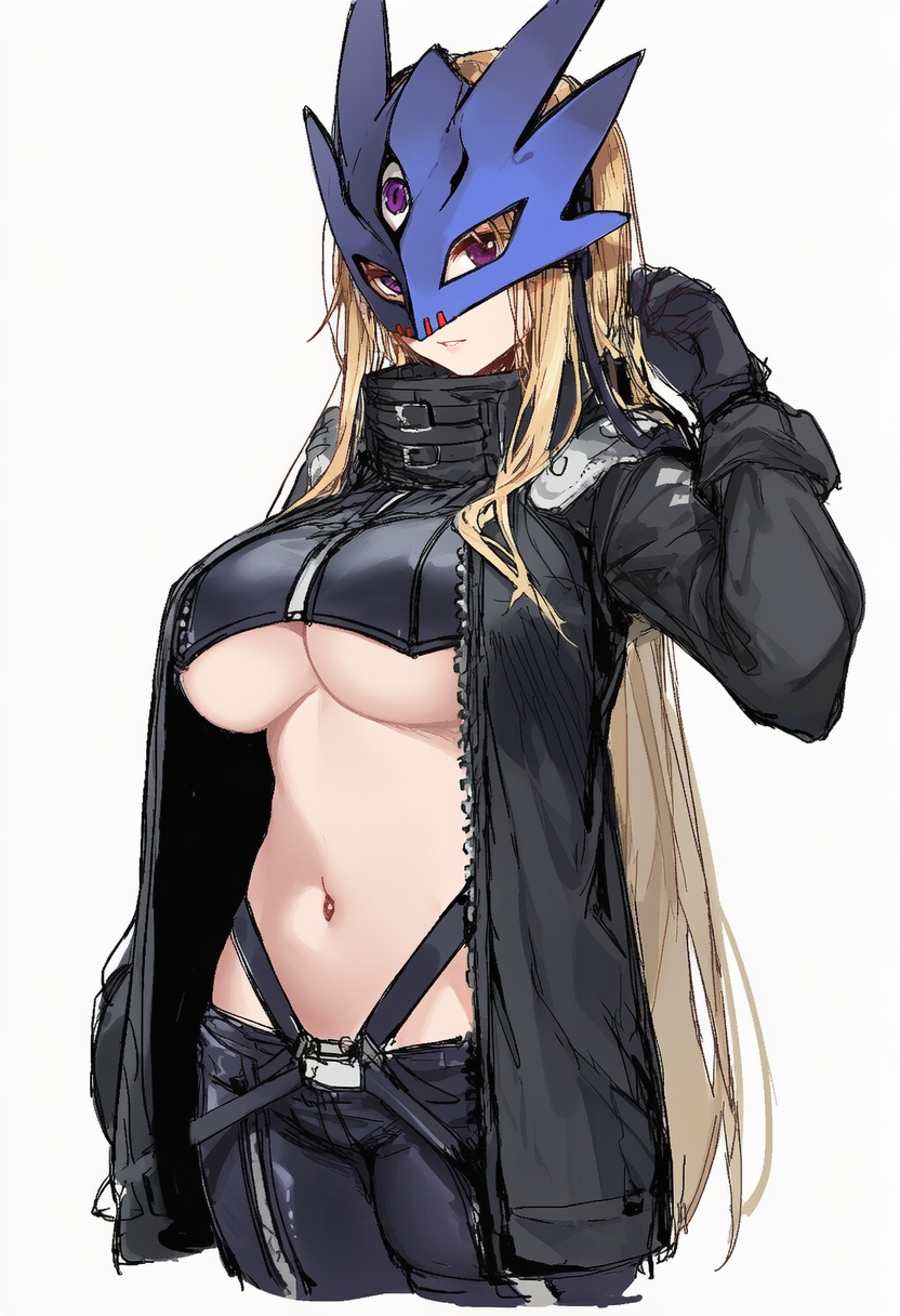 beelstarmon, digimon, artist request, highres, 1girl, blonde hair, breasts, digimon (creature), eye mask, large breasts, long hair, looking at viewer, mask, simple background, solo, standing, third eye, underboob, wide hips