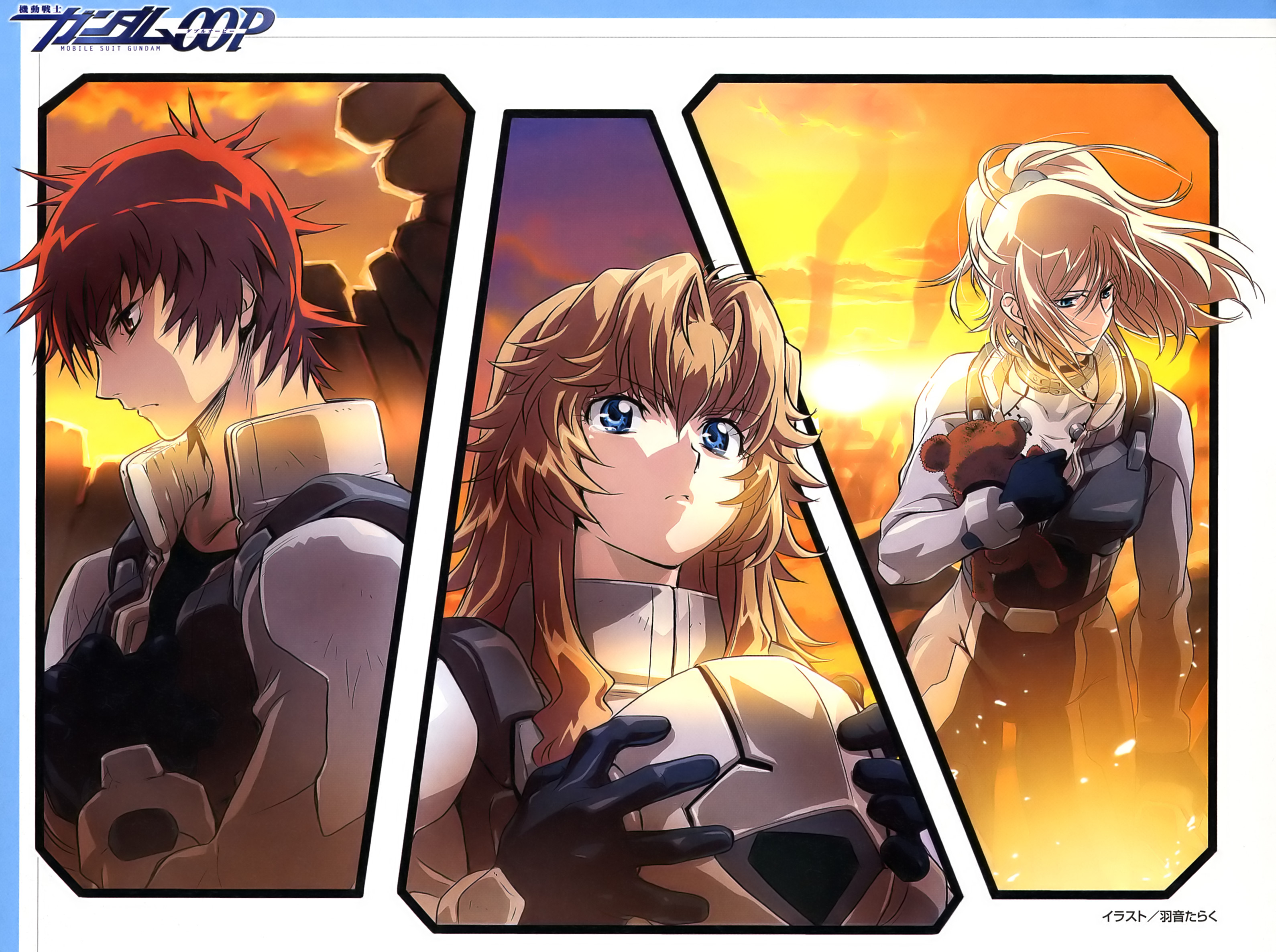 uon taraku, chall acustica, marlene vlady, ruido resonance, gundam, gundam 00, gundam 00p, highres, 00s, 1boy, 2girls, aqua eyes, blonde hair, blue eyes, brown eyes, brown hair, helmet, multiple girls, red hair, stuffed animal, stuffed toy, tears, teddy bear