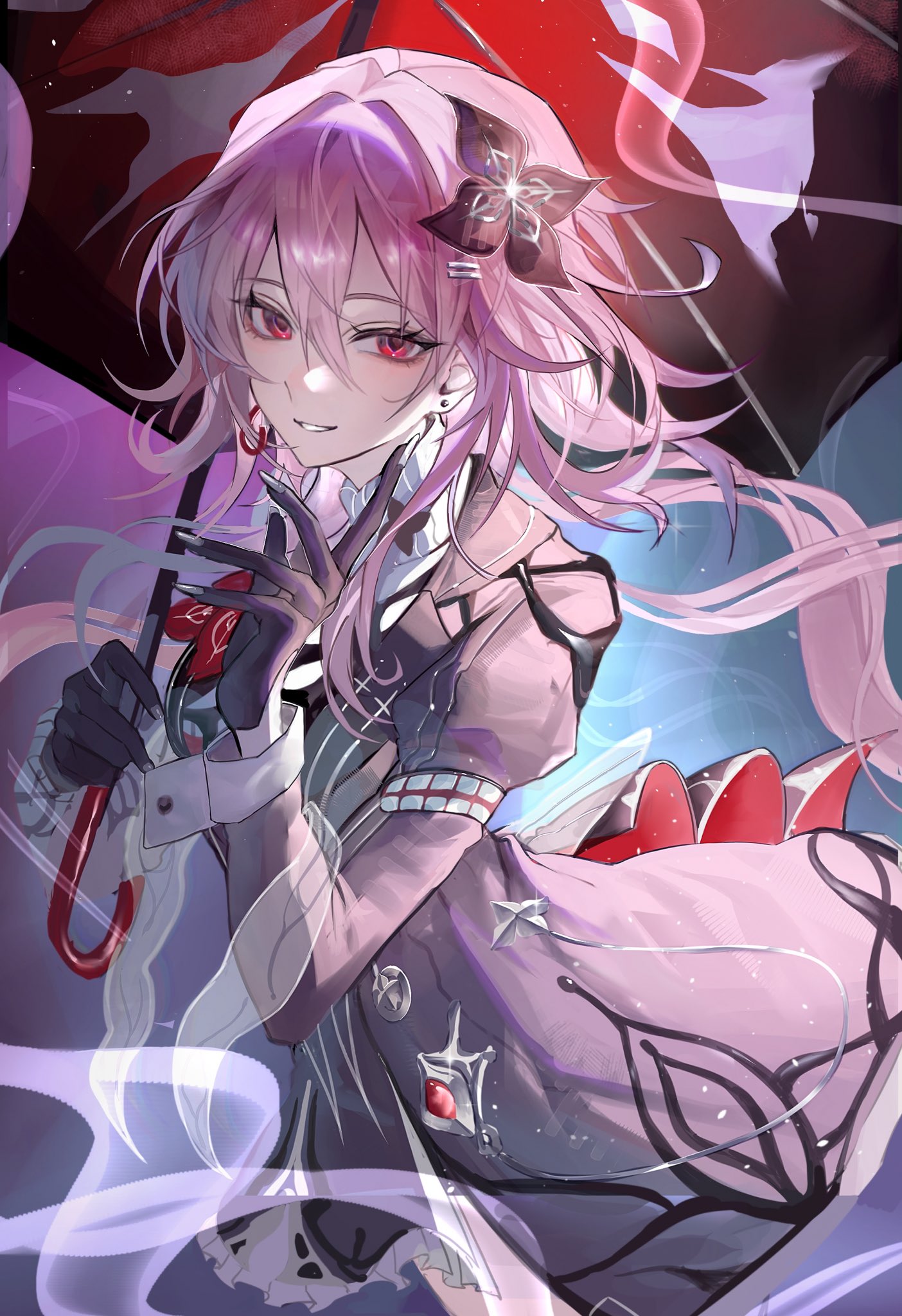mewutd, evernight (honkai: star rail), march 7th (honkai: star rail), honkai: star rail, honkai (series), hashtag-only commentary, highres, 1girl, dress, earrings, flower, gem, gloves, hair between eyes, hair flower, hair ornament, hairclip, holding, holding umbrella, jewelry, layered dress, long hair, long sleeves, looking at viewer, official alternate eye color, parallel hairclips, pink hair, red eyes, red gemstone, single earring, smile, teeth, umbrella, very long hair
