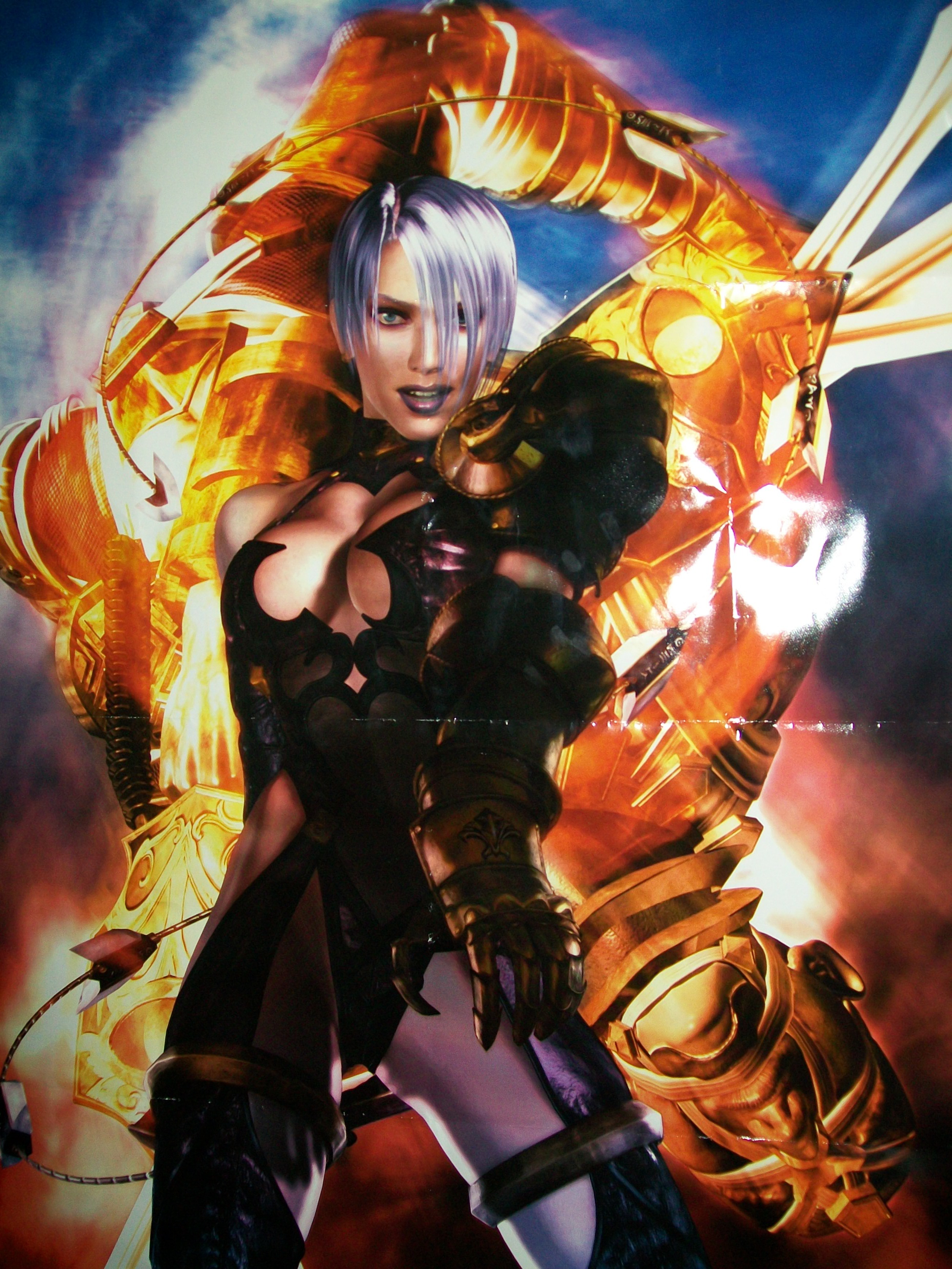 isabella valentine, voldo, soul calibur, soulcalibur, soulcalibur ii, absurdres, highres, photo (medium), scan, scan artifacts, 1girl, breasts, dagger, huge breasts, katar, knife, lips, lipstick, makeup, poster (medium), purple lips, push dagger, sword, valentine, weapon, whip, whip sword