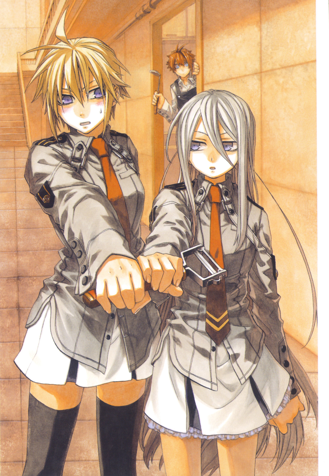 miyuu, felli loss, layfon alseif, nina antalk, koukaku no regios, black legwear, uniform, highres, 1boy, 2girls, ahoge, apron, blonde hair, blue eyes, blush, brown hair, dress shirt, frilled skirt, frills, ladle, long hair, multiple girls, necktie, open mouth, peeler, purple eyes, shirt, short hair, skirt, standing, sweatdrop, thighhighs, very long hair, white hair, zettai ryouiki