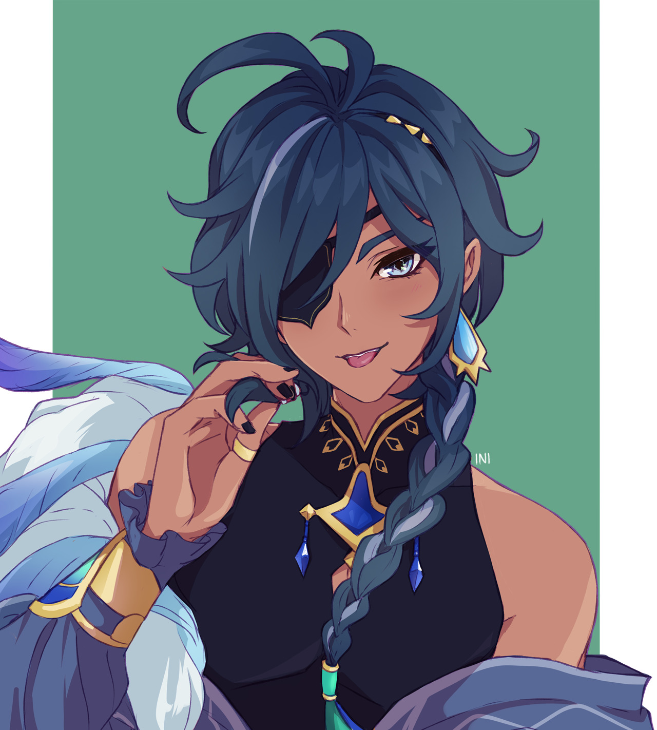 inimoose, kaeya (genshin impact), genshin impact, highres, 1boy, bare shoulders, blue eyes, blue hair, braid, dark-skinned male, dark skin, earrings, eyelashes, eyepatch, fingernails, jewelry, light-skinned palms, long hair, male focus, multicolored hair, shirt, simple background, single braid, smile