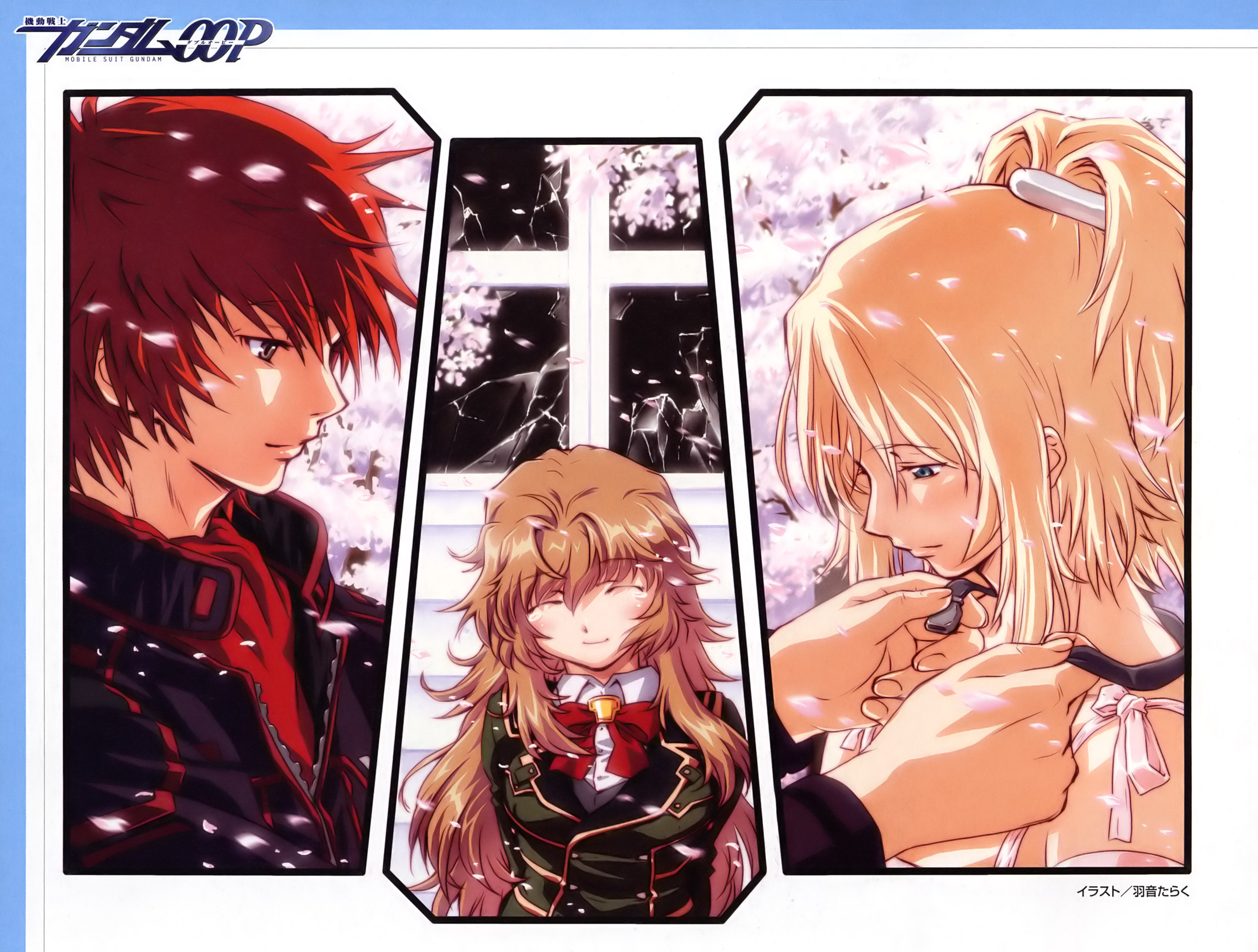 uon taraku, chall acustica, marlene vlady, ruido resonance, gundam, gundam 00, gundam 00p, absurdres, highres, 00s, aqua eyes, blonde hair, brown eyes, brown hair, closed eyes, red hair, tears