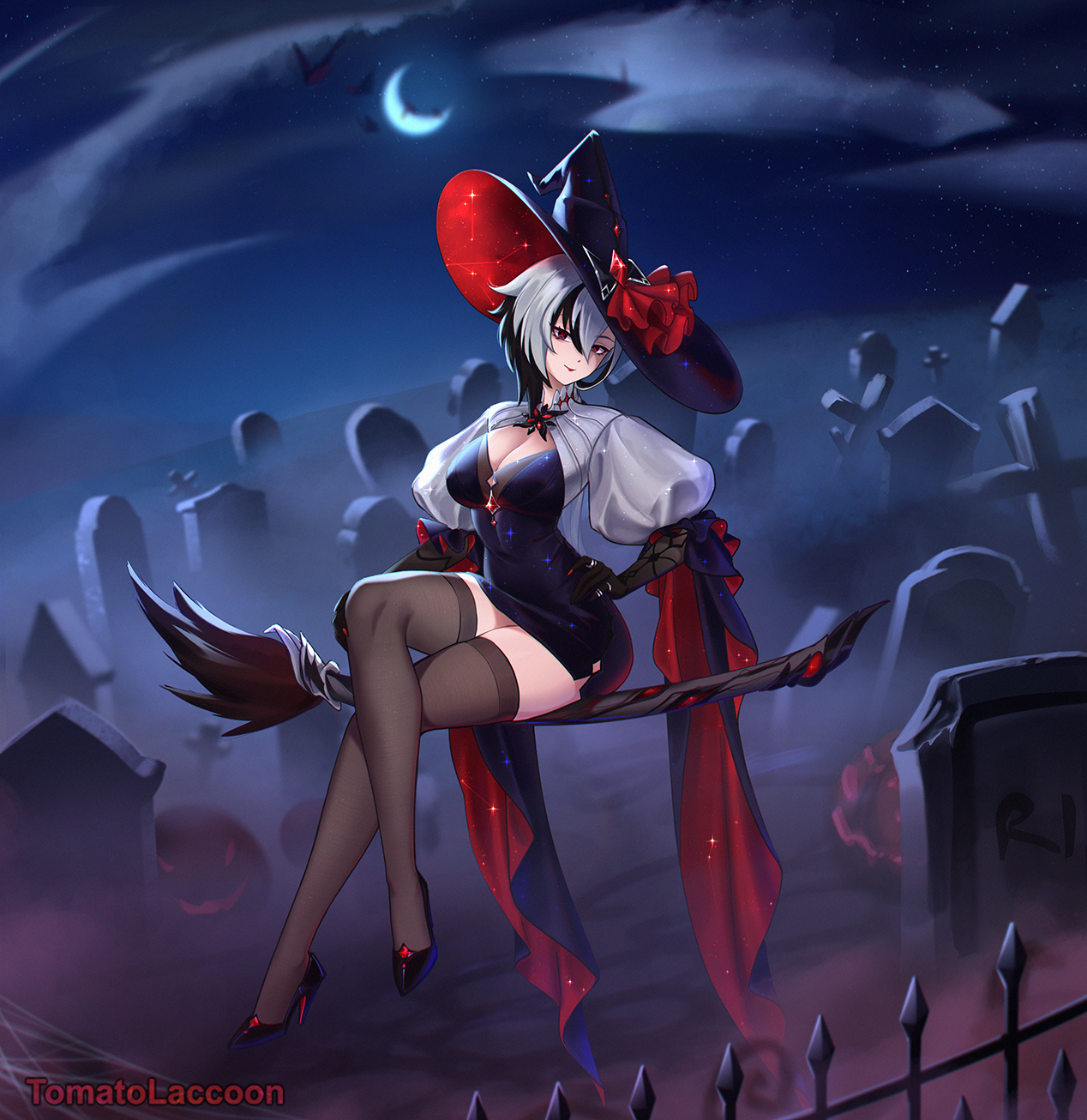 tomatolaccoon, arlecchino (genshin impact), genshin impact, commentary, english commentary, highres, 1girl, alternate costume, artist name, black dress, black shoes, black streaks, black thighhighs, breasts, broom, broom riding, cleavage, closed mouth, crescent, crossed legs, dress, full body, graveyard, grey eyes, hair between eyes, hand on own hip, hat, high heels, large breasts, looking at viewer, multicolored hair, night, outdoors, puffy sleeves, red pupils, shoes, sitting, smile, solo, streaked hair, symbol-shaped pupils, thighhighs, tombstone, white hair, white sleeves, witch hat, x-shaped pupils