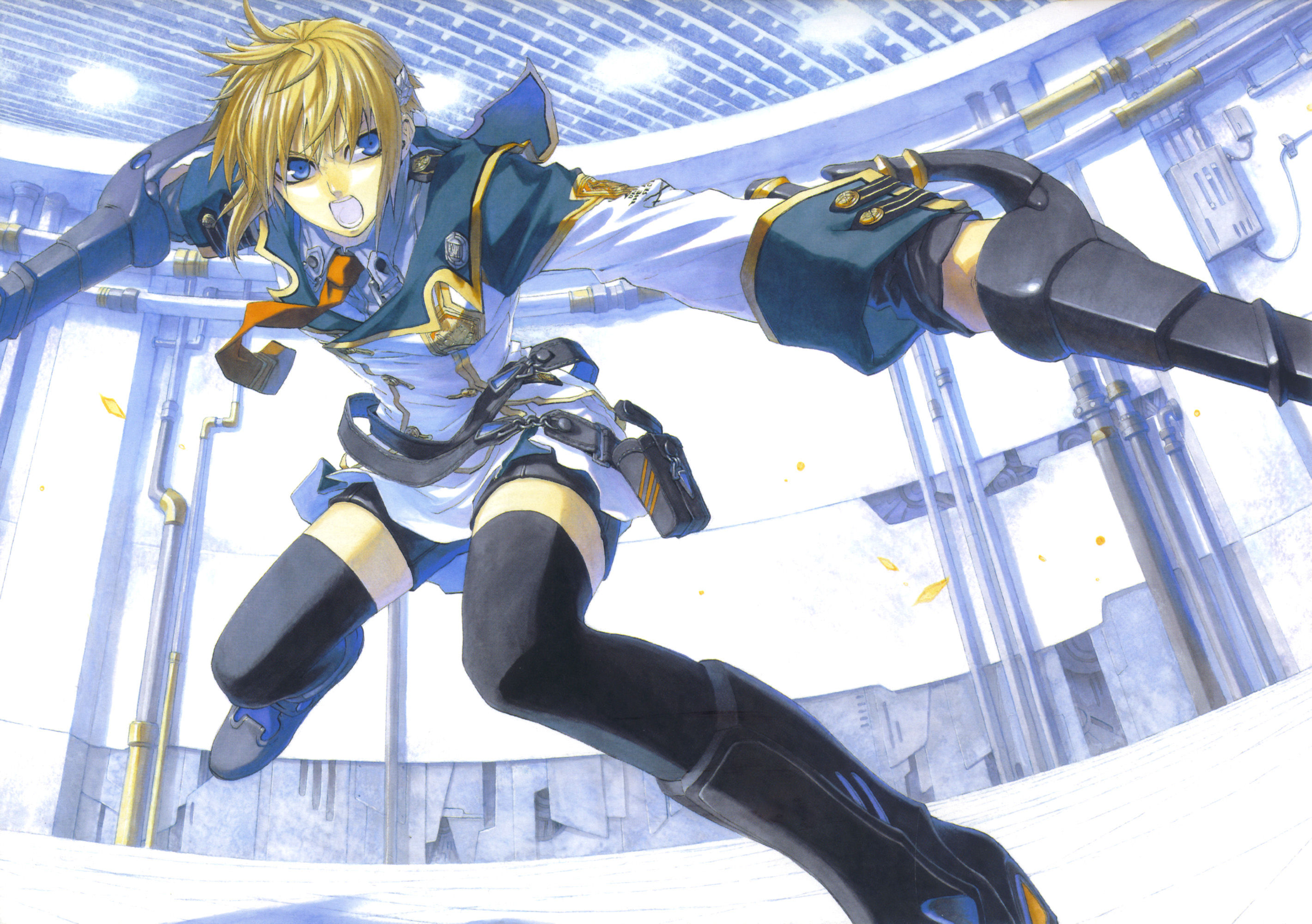 miyuu, nina antalk, koukaku no regios, uniform, highres, 1girl, belt pouch, blonde hair, blue eyes, boots, dite, dual wielding, female focus, hair ornament, hard whip, holding, necktie, open mouth, pouch, short hair, shorts, singlestick, skirt, solo, sword, thighhighs, training, weapon, zettai ryouiki