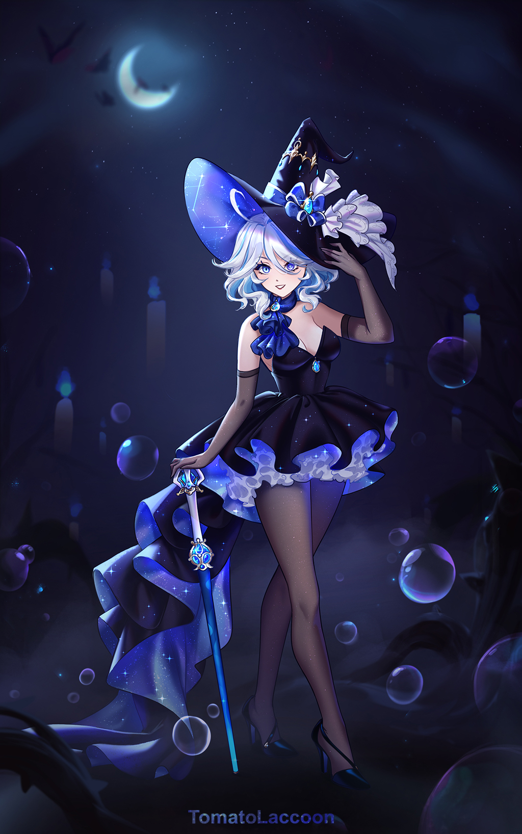 tomatolaccoon, furina (genshin impact), genshin impact, commentary, english commentary, highres, 1girl, ahoge, alternate costume, ascot, bare shoulders, black dress, black gloves, black pantyhose, black shoes, blue ascot, blue eyes, blue gemstone, blue pupils, blue streaks, breasts, bubble, candle, cleavage, crescent, dress, elbow gloves, full body, gem, gloves, hand on headwear, hat, heterochromia, high heels, looking at viewer, medium breasts, multicolored hair, night, outdoors, pantyhose, shoes, signature, smile, solo, splendor of tranquil waters (genshin impact), standing, strapless, strapless dress, streaked hair, white hair, witch hat
