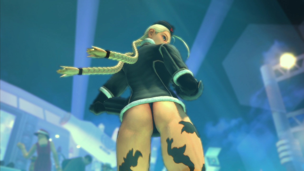 cammy white, capcom, street fighter, screencap, 1girl, 3d, ahoge, ass, blonde hair, bodypaint, braid, female focus, garrison cap, hat, huge ahoge, jacket, long hair, looking back, panties, solo, thong, twin braids, twintails, underwear