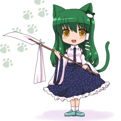 ktsecond, kochiya sanae, touhou, bad id, bad pixiv id, lowres, 1girl, animal ears, blush, cat ears, cat girl, cat tail, chibi, dress, fang, female focus, full body, gohei, green hair, kemonomimi mode, long hair, oonusa, open mouth, paw print, shoes, simple background, solo, standing, tail, yellow eyes