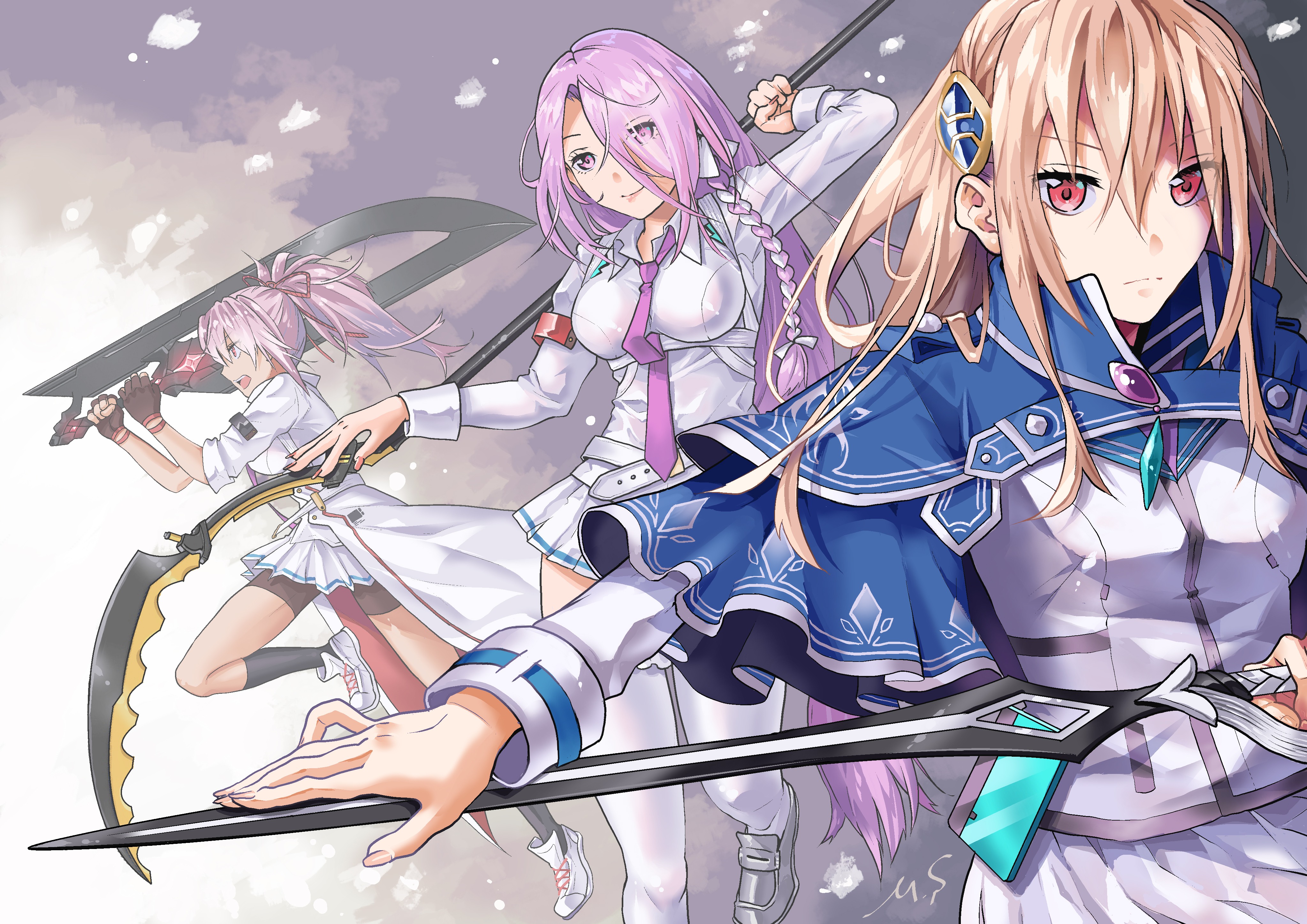 sakura mafumi, kura satomi, shirakawa yuina, tsukishiro monaka, heaven burns red, absurdres, highres, 3girls, armband, belt, bike shorts, black gloves, black shorts, blonde hair, blue capelet, braid, breasts, capelet, closed mouth, coat, collared shirt, dual wielding, eyes visible through hair, fingerless gloves, gloves, hair between eyes, hair ornament, hair over one eye, hair ribbon, hairclip, holding, holding polearm, holding scythe, holding sword, holding weapon, huge weapon, jacket, kneehighs, large breasts, long hair, long sleeves, looking at viewer, medium breasts, miniskirt, multiple girls, necktie, over shoulder, pink eyes, pink hair, pink necktie, pleated skirt, polearm, ponytail, purple eyes, purple hair, purple necktie, red eyes, reverse grip, ribbon, school uniform, scythe, shirt, shoes, shorts, shorts under skirt, side braid, single braid, skirt, sleeves rolled up, smile, sneakers, socks, sword, thighhighs, very long hair, weapon, weapon over shoulder, white belt, white coat, white jacket, white shirt, white skirt, white thighhighs, zettai ryouiki