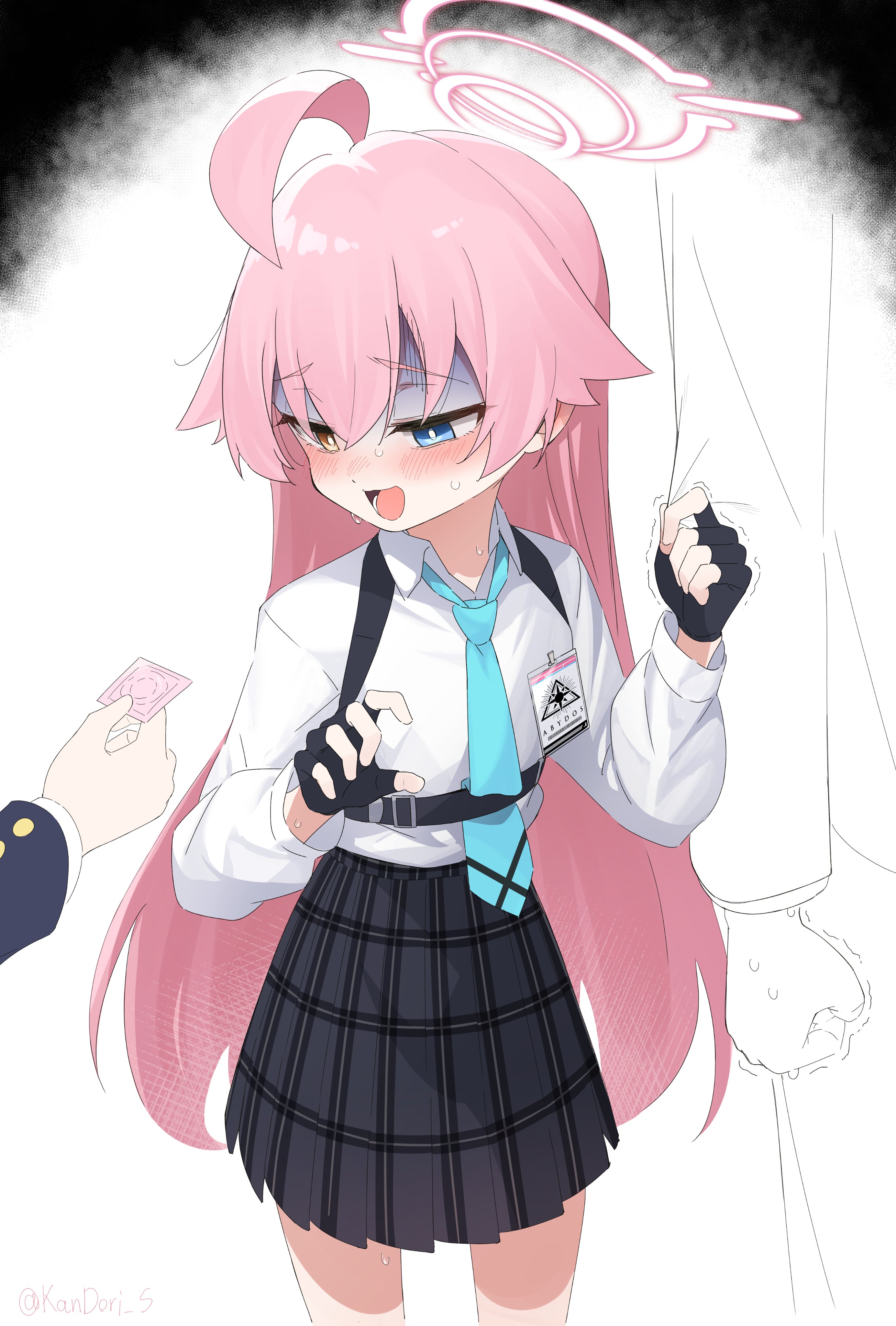 kandori, hoshino (blue archive), blue archive, absurdres, highres, 1boy, 1girl, ahoge, black gloves, black skirt, blue eyes, blue necktie, blush, clothes grab, collared shirt, condom, condom wrapper, fingerless gloves, gloves, halo, heterochromia, holding, holding condom, long hair, long sleeves, necktie, open mouth, pink hair, pink halo, shaded face, shirt, shirt tucked in, skirt, sleeve grab, solo focus, very long hair, white shirt, yellow eyes