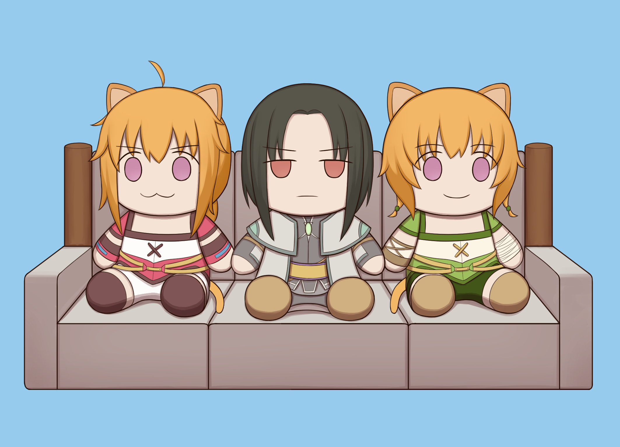 atorie, lethe (fire emblem), lyre (fire emblem), soren (fire emblem), soren (radiant confidant) (fire emblem), fire emblem, fire emblem: path of radiance, fire emblem: radiant dawn, nintendo, commission, commissioner upload, highres, 1boy, 2girls, :3, animal ears, belt, black hair, blue background, cat, cat ears, cat girl, cat tail, character doll, closed mouth, couch, doll, hair between eyes, multiple girls, no pupils, o-ring, o-ring belt, orange hair, orange tail, purple eyes, red eyes, simple background, sitting, smile, stuffed toy, tail, wrist wrap