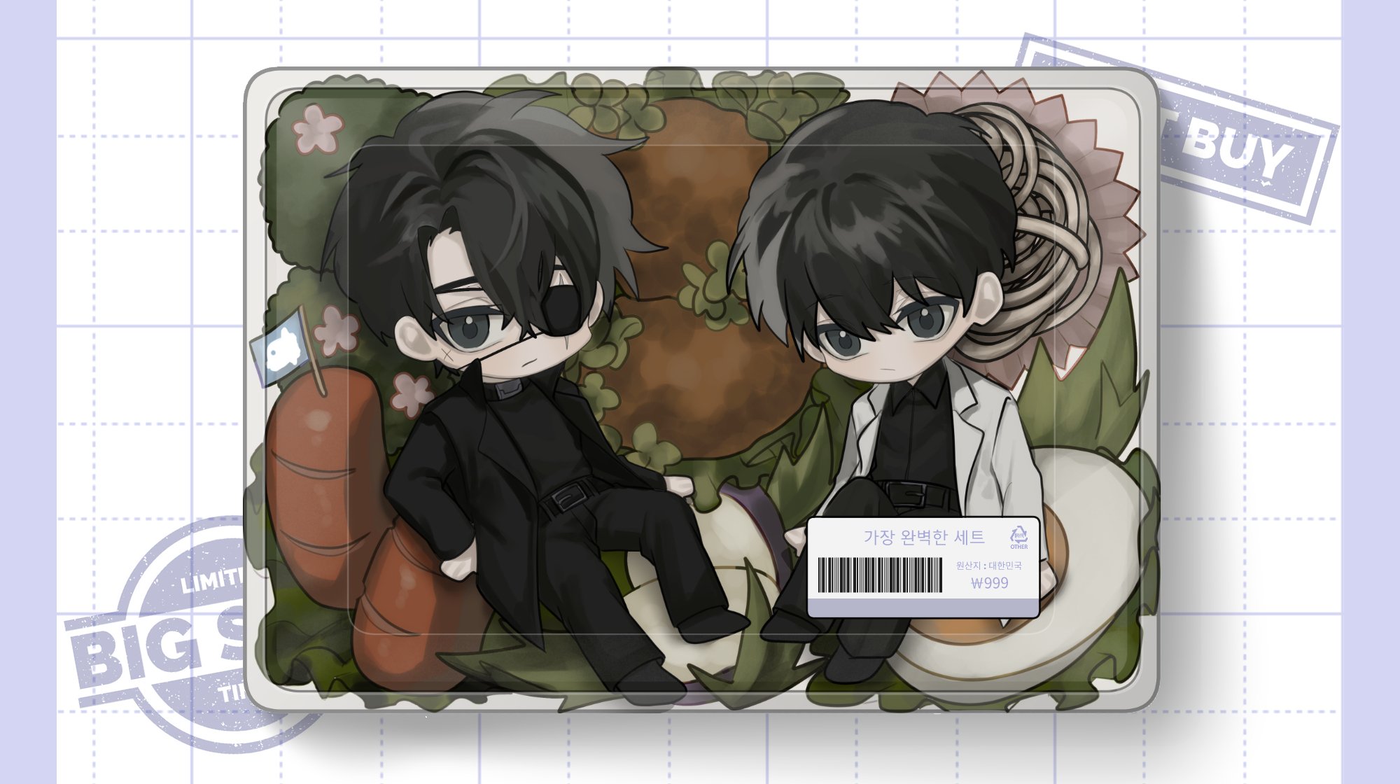 narak, kim dokja, secretive plotter, omniscient reader's viewpoint, check food, food request, highres, :/, barcode, black coat, black eyes, black hair, black shirt, character-themed food, chibi, chibi only, coat, curtained hair, eyepatch, flag, food, food packaging, full body, grid background, hair between eyes, hardboiled egg, looking at viewer, onion, open clothes, open coat, pillarboxed, sausage, scar, scar across eye, scar on face, shirt, short hair, white coat