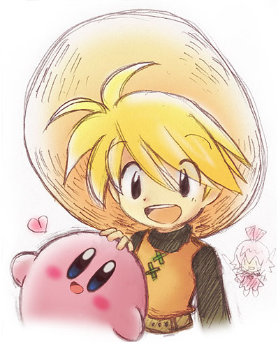 magumagu (mag2), shanti (artist), kirby, ribbon (kirby), yellow (pokemon), kirby (series), kirby 64, nintendo, pokemon, pokemon adventures, lowres, 1girl, blonde hair, blue eyes, blush, crossdressing, crossdressing (ftm), crossover, fairy, hat, heart, pink hair, simple background, smile, straw hat, teeth, upper teeth only, white background