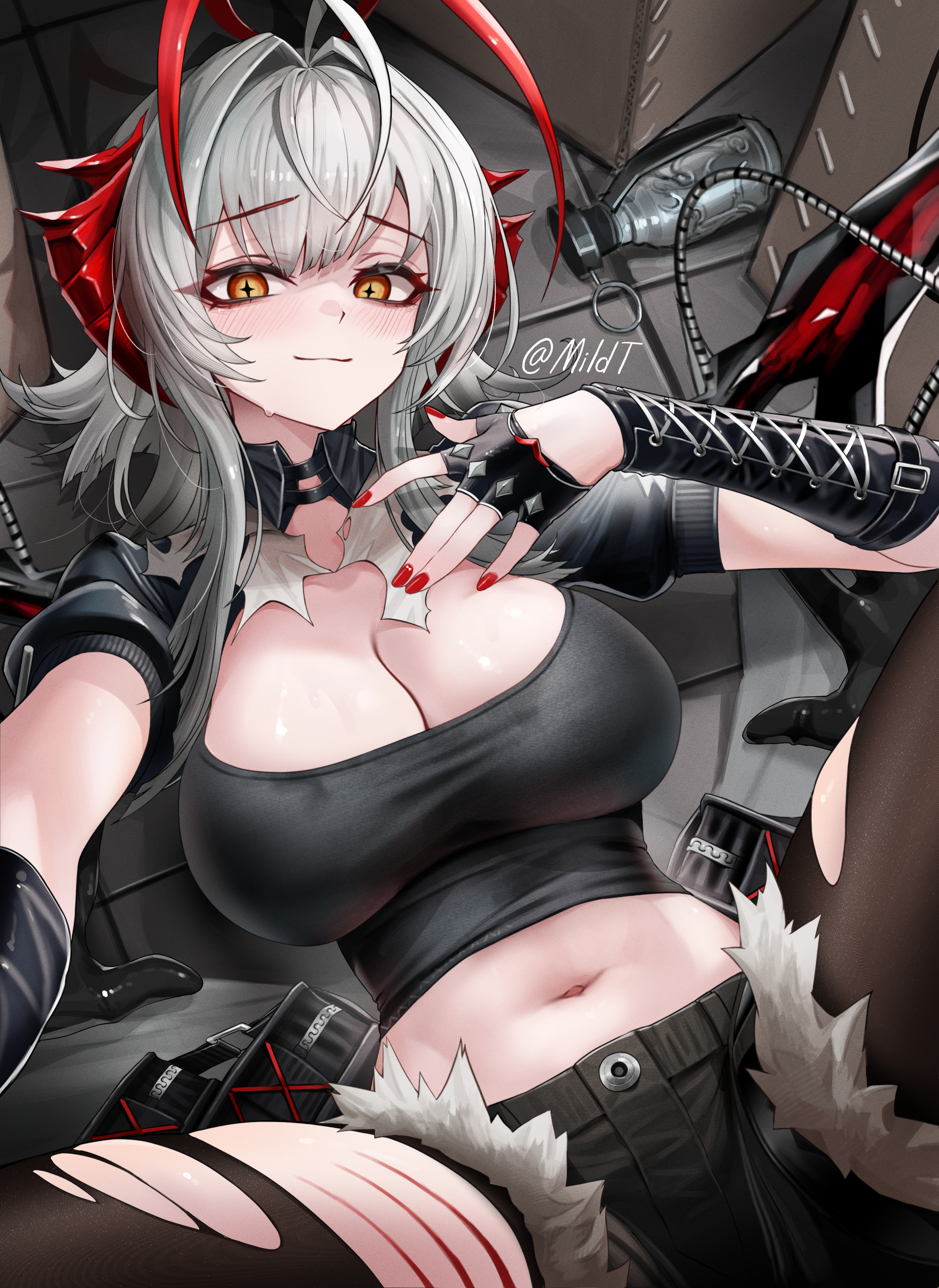 mildt, w (arknights), arknights, absurdres, commentary, highres, paid reward available, 1girl, antenna hair, black gloves, black shorts, black tank top, black thighhighs, breasts, cleavage, demon girl, demon horns, fingerless gloves, gloves, horns, large breasts, looking at viewer, midriff, navel, red nails, short hair, shorts, smile, solo, tank top, thighhighs, torn clothes, torn thighhighs, twitter username, yellow eyes