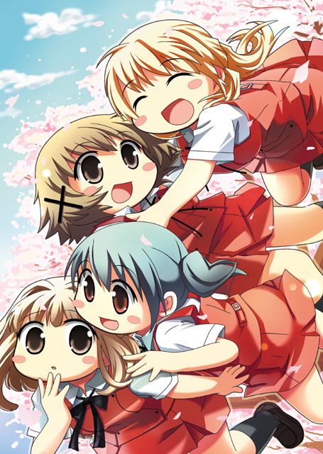 nagayama yuunon, miyako (hidamari sketch), nazuna (hidamari sketch), nori (hidamari sketch), yuno (hidamari sketch), hidamari sketch, bad id, bad pixiv id, 00s, blonde hair, brown eyes, brown hair, cherry blossoms, school uniform, yamabuki high school uniform