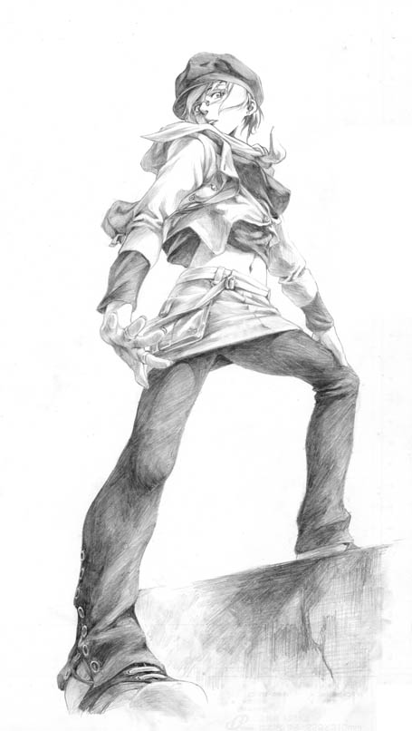 takemura sessyu, oono hikaru, take on me, traditional media, 1girl, breasts, covered erect nipples, female focus, glasses, greyscale, hat, medium breasts, midriff, miniskirt, monochrome, navel, pants, shoes, short hair, skirt, sneakers, solo