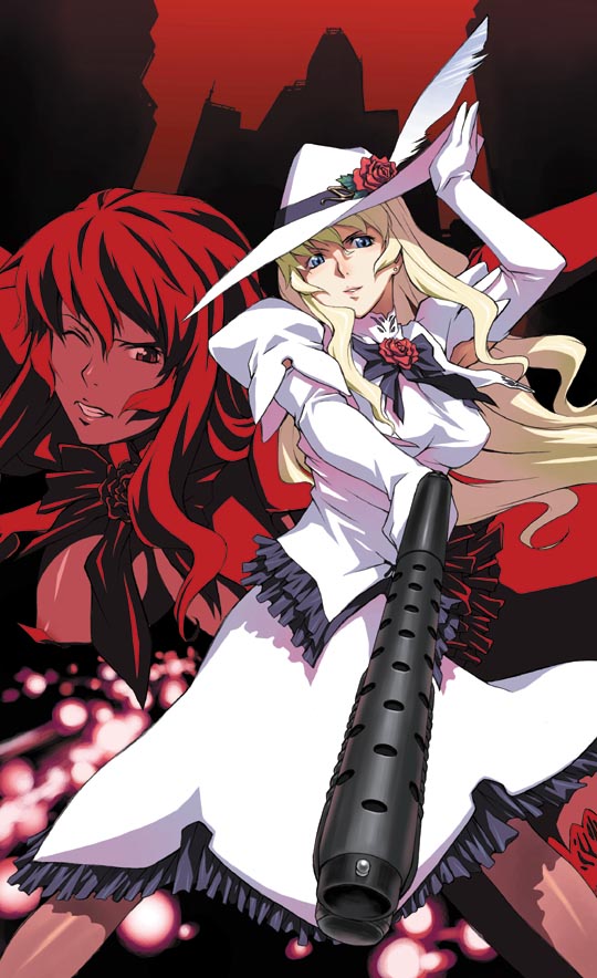 takemura sessyu, jpeg artifacts, 1girl, blonde hair, blue eyes, bow, breasts, dress, earrings, elbow gloves, feathers, flower, frills, gloves, gun, hand on headwear, hat, jewelry, large breasts, long hair, nipple slip, nipples, red eyes, red hair, rose, weapon