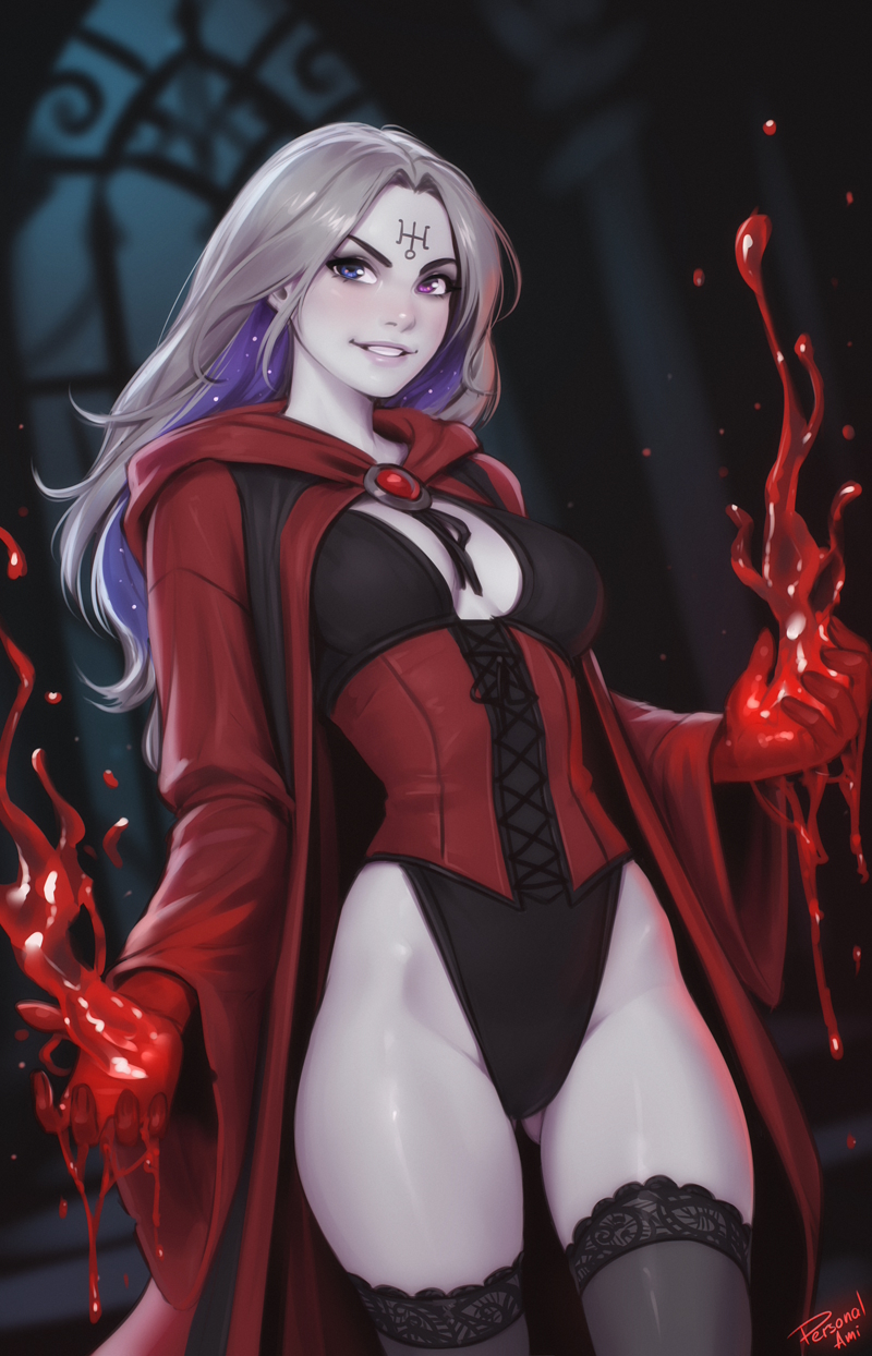 personal ami, original, commentary, english commentary, highres, 1girl, black leotard, black thighhighs, blue eyes, breasts, cloak, colored inner hair, corset, evil grin, evil smile, facial mark, forehead mark, gluteal fold, grey hair, grin, heterochromia, highleg, highleg leotard, hood, hooded cloak, leotard, long hair, long sleeves, looking at viewer, magic, medium breasts, multicolored hair, parted lips, pink eyes, purple hair, red cloak, smile, solo, thighhighs, two-tone hair